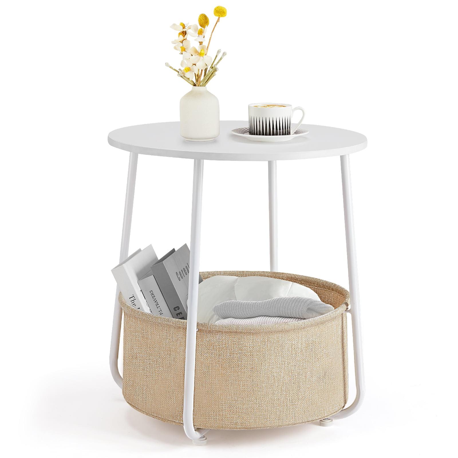 Small Round White Metal Side Table with Fabric Basket