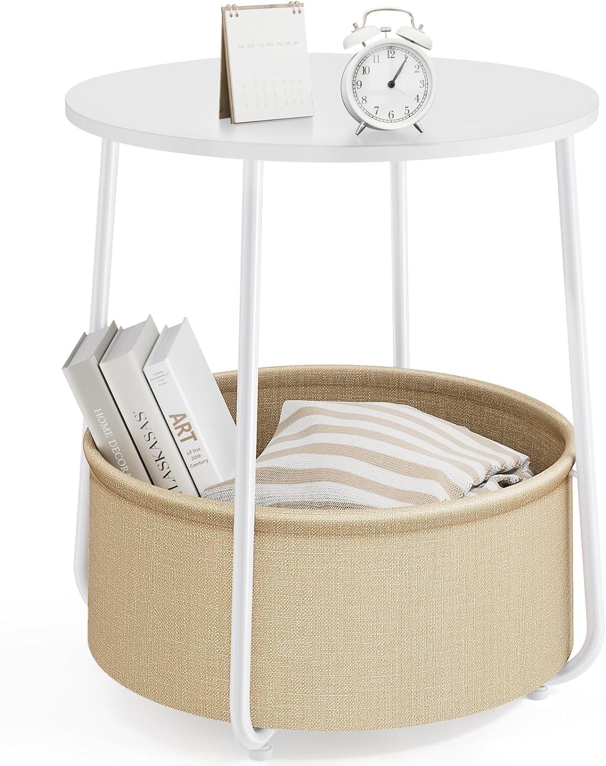 Small Round Side End Table for Living Room, Modern Nightstand Bedside Table with Fabric Basket for Bedroom - White