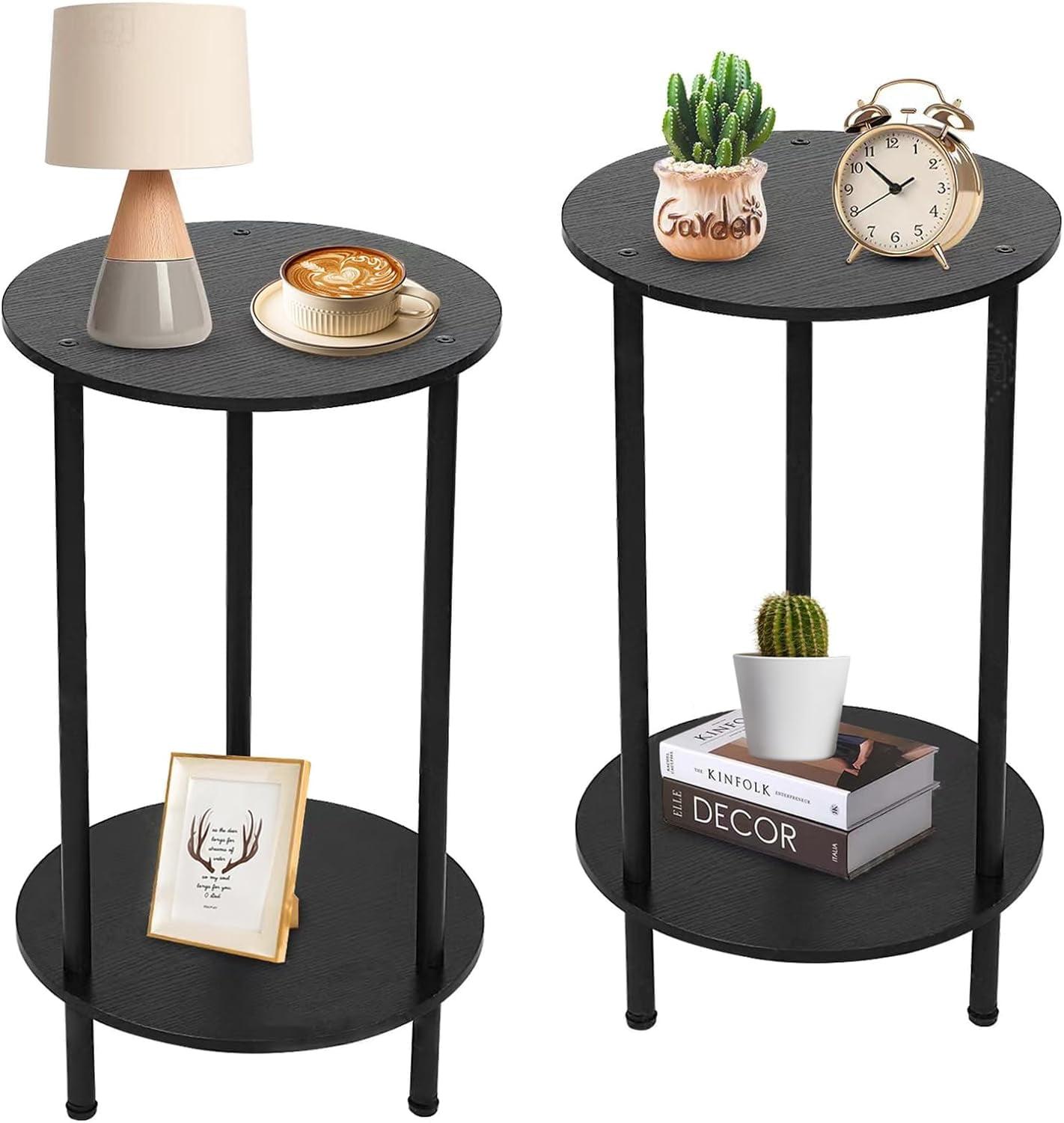 Small Round Side Table, End Tables Living Room Set of 2, Black Night Stands for Bedrooms, Small Side Table for Small Spaces，2 Tiers Modern Side Table with Storage Shelf, Easy to Assemble