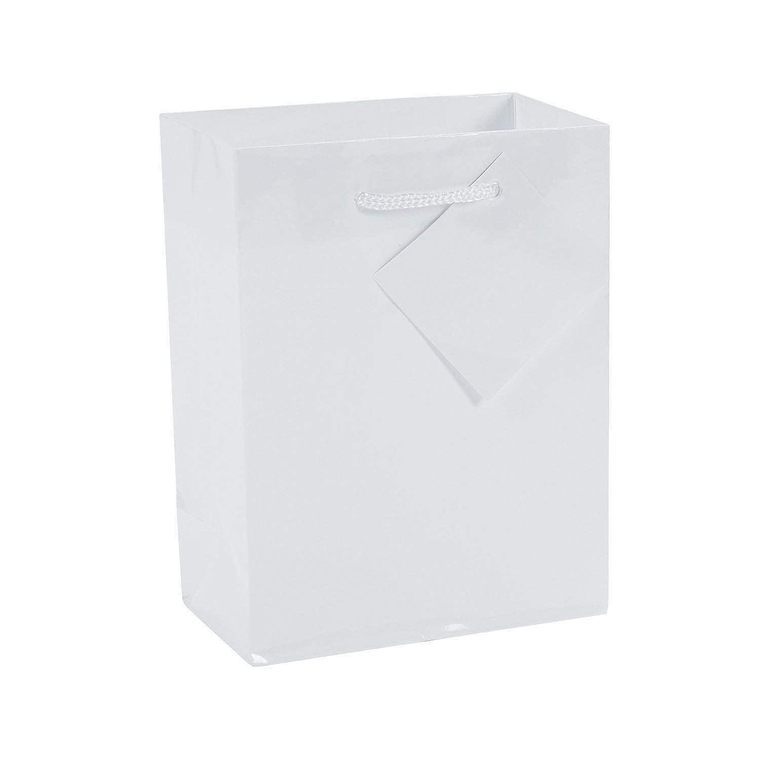 Small White Glossy Paper Gift Bags with Handles - 12 Pack