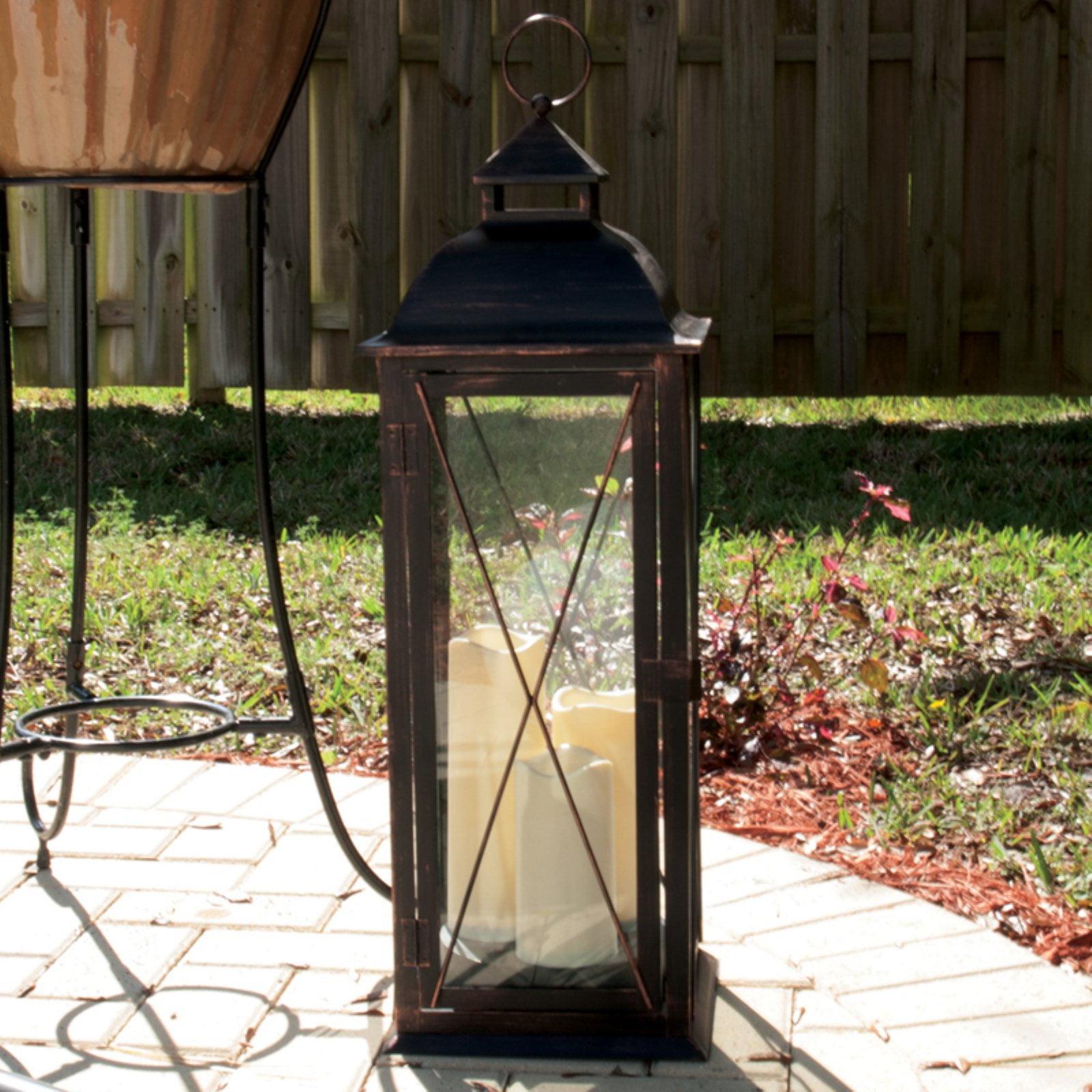 Antique Brown 30" Metal Lantern with Amber LED Candles