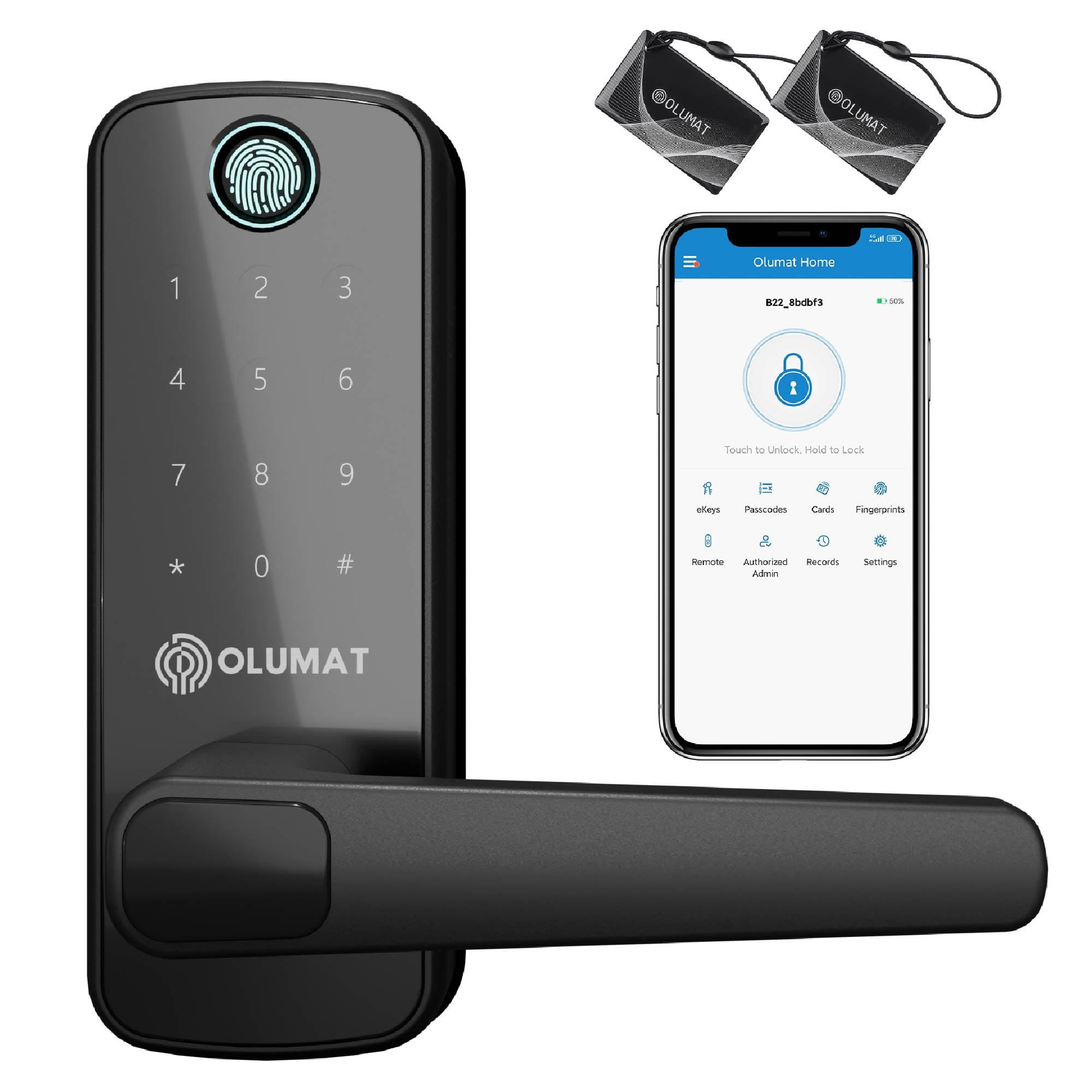 Smart Door Lock, OLUMAT Keyless Entry Door Lock Fingerprint Door Lock with Keypad Digital Door Lock with Handle for Home, Rental, Office and Hotel-Black