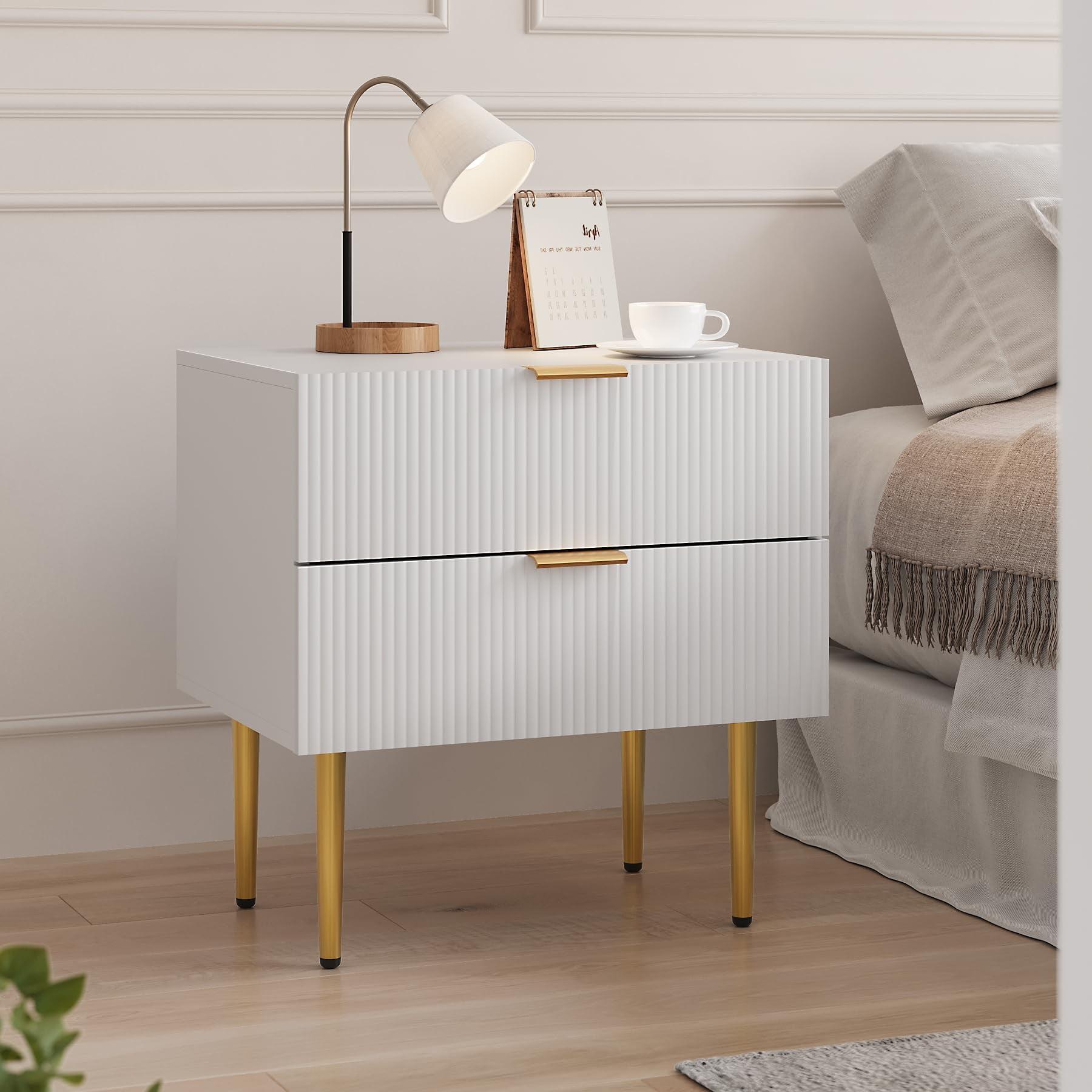 White Wave Pattern Nightstand with Gold Accents and 2 Drawers