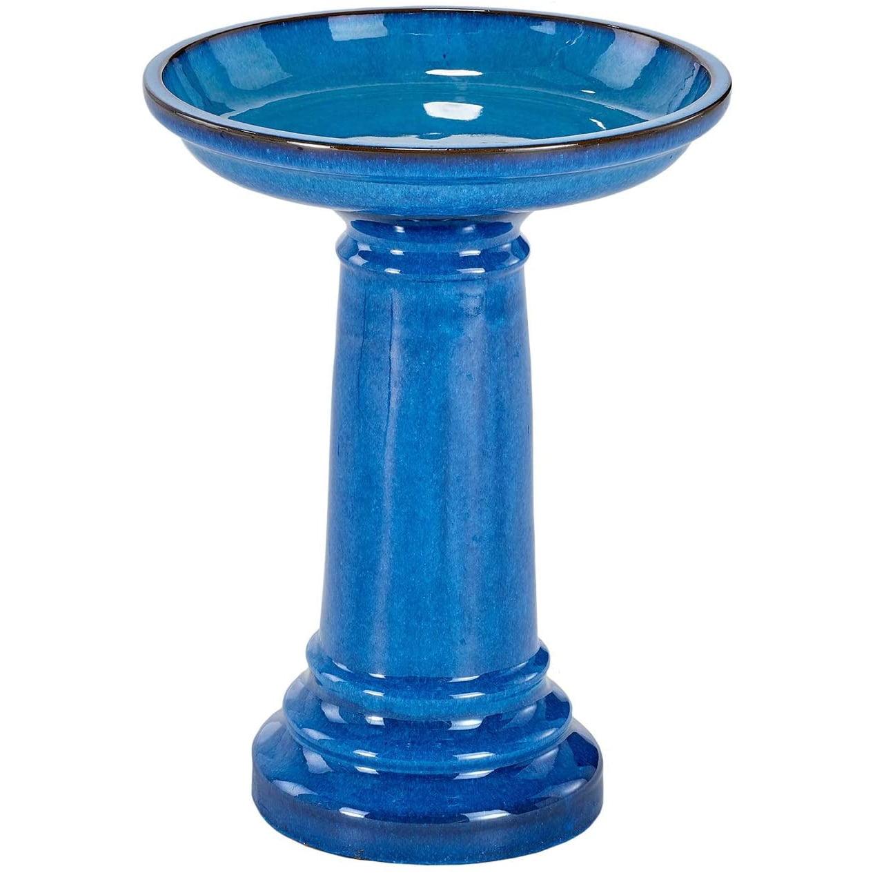 Bright Blue Ceramic Garden Bird Bath with Stand