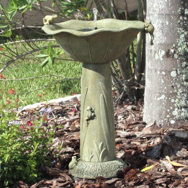 Olive Green Concrete Solar Birdbath with Frog Design