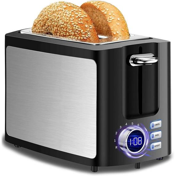 Smart Toaster 2 Slice Extra Wide Slot, Digital Countdown Timer, 9 Adjustable Browning Settings, Bagel Defrost Reheat Cancel Modes, Black LED Screen