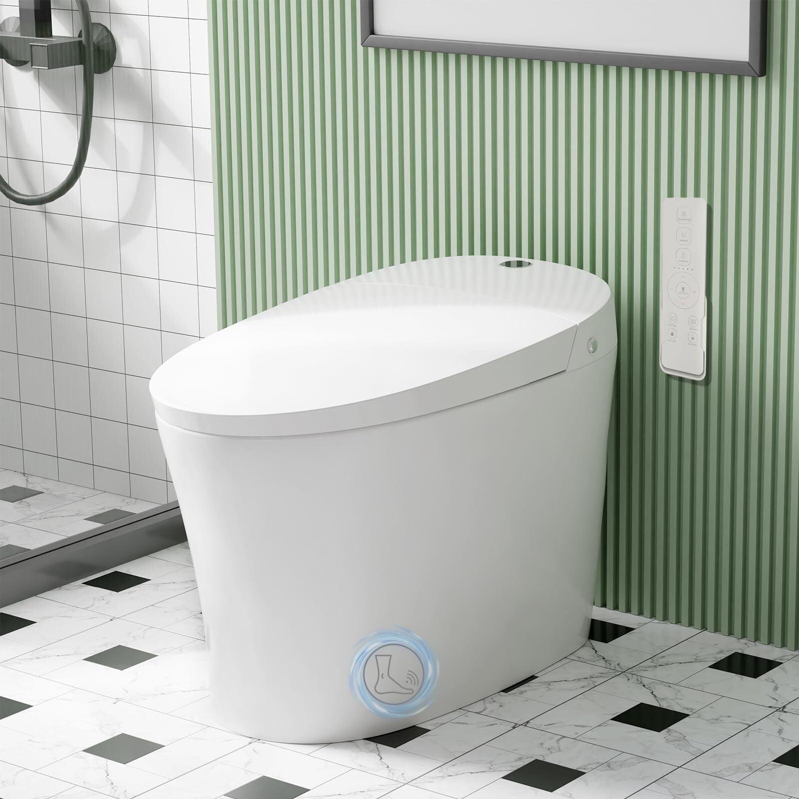 Smart Toilet with Warm Water Sprayer, Foot Sensor Operation, Heated Bidet Seat, Raised Tankless Toilet with LED Display