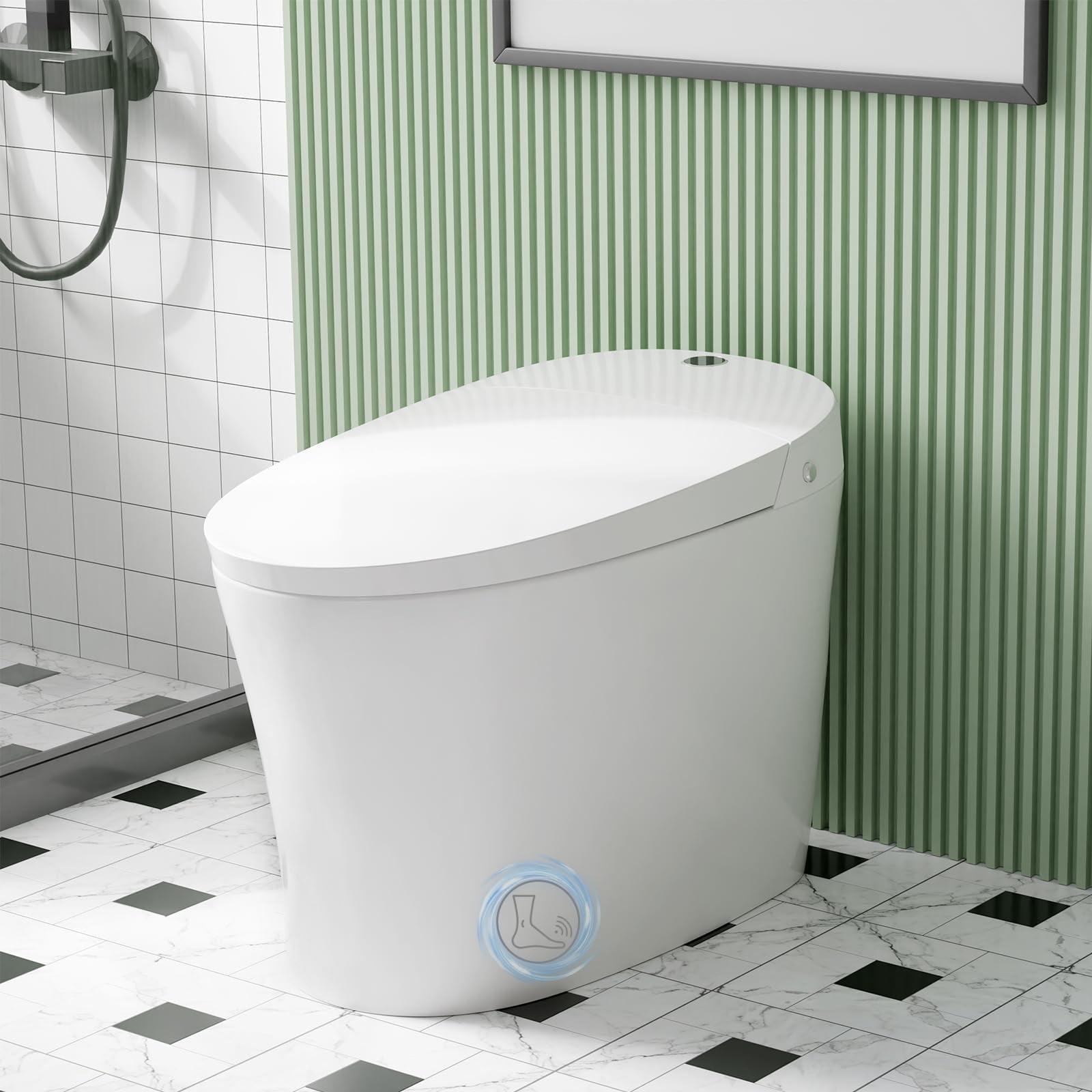 Smart Toilet with Warm Water Sprayer, Foot Sensor Operation, Heated Bidet Seat, Raised Tankless Toilet with LED Display