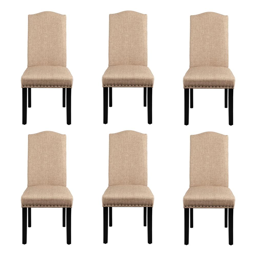 Khaki Upholstered Parsons Dining Side Chairs with Rubberwood Legs, Set of 6