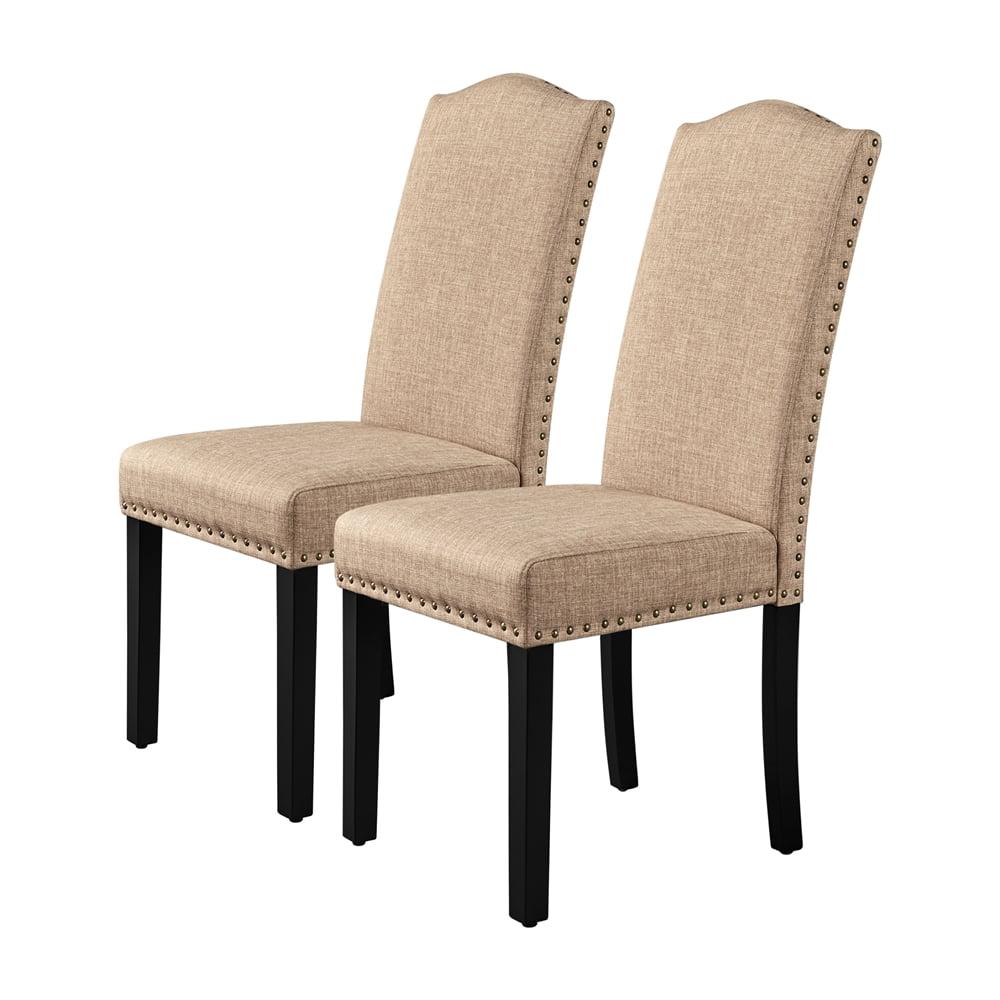 Khaki Upholstered High Back Dining Chairs with Rubberwood Legs, Set of 2