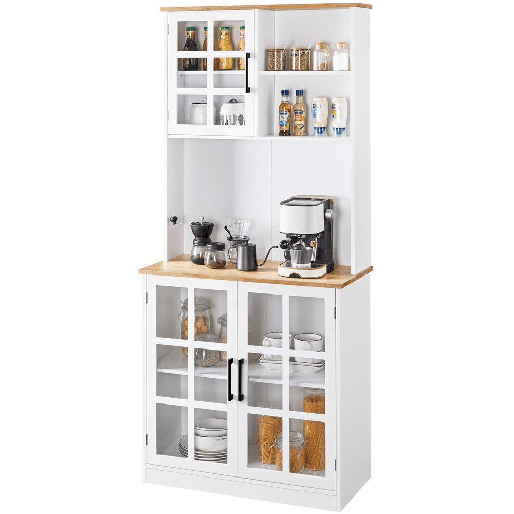 White MDF and Rubberwood Kitchen Pantry with Glass Doors