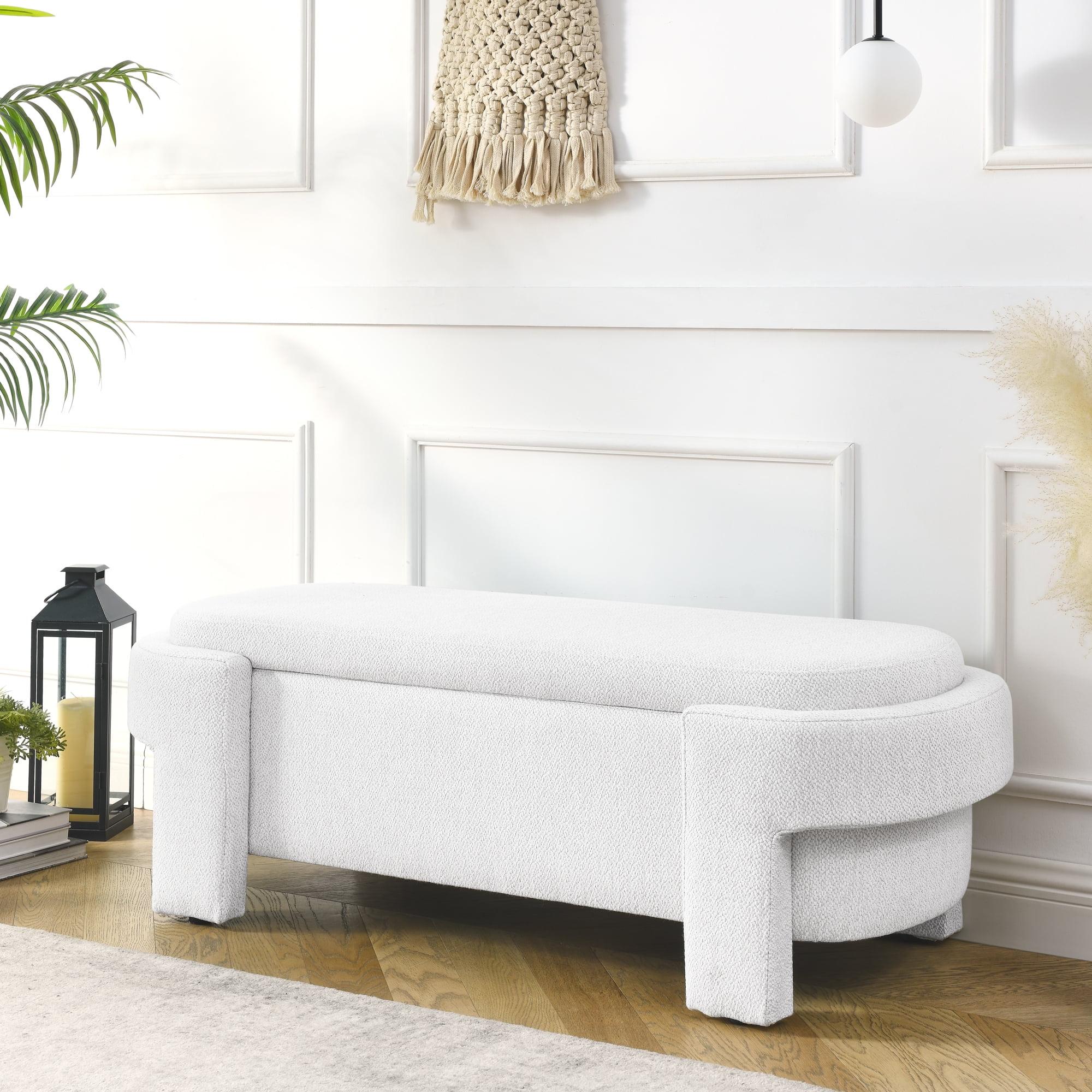 White Linen Upholstered Storage Bench with Turned Legs