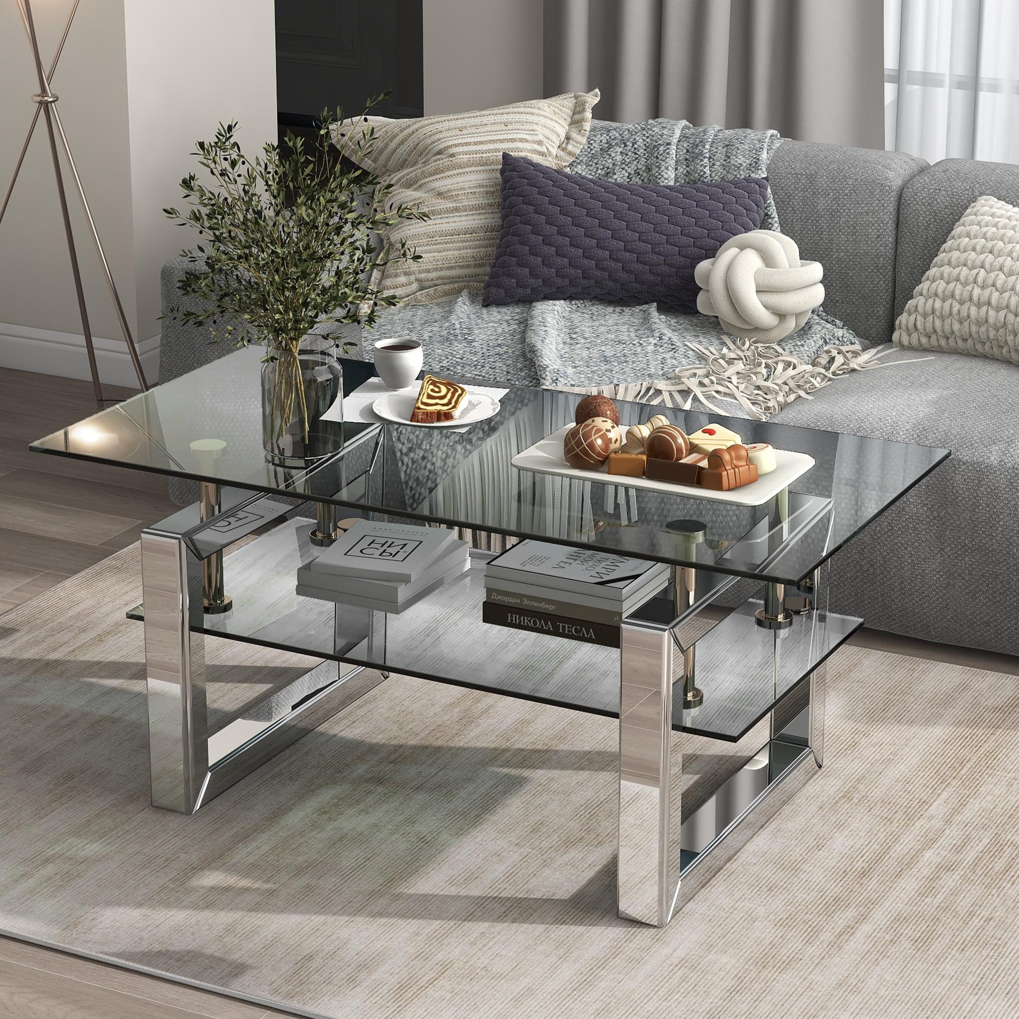 Gzxs Glass Coffee Table with 2 Tier Glass Boards & Sturdy Metal Legs, Mirrored Clear Rectangle Glass Cocktail Tea Table for Home Office, Silver