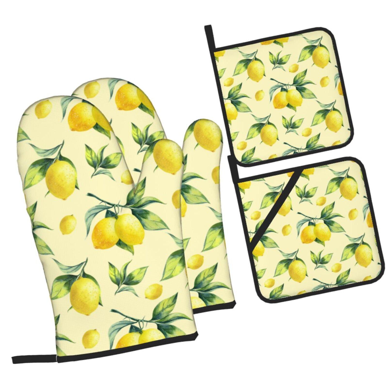 YFYANG Oven Mitts and Pot Holders Sets 4 Pieces, Non-Slip Heat Resistant Fruit Lemon Art Pattern Kitchen Glove Pot Mat for Cooking and Baking