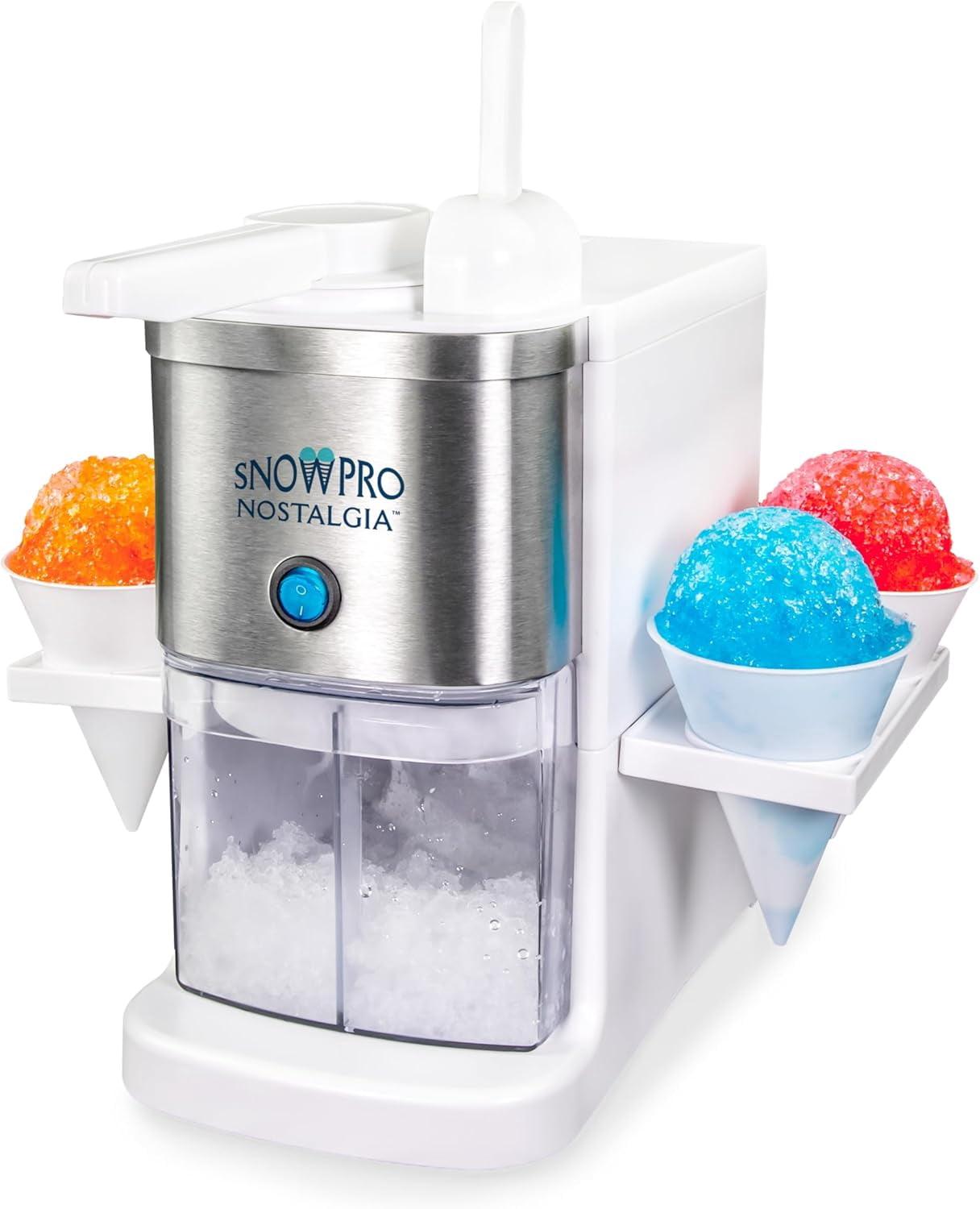 SnowPro Electric Shaved Ice and Snow Cone Maker with 64-Ounce Ice Shaving Capacity, 4 Reusable Cones, Side Shelves, and Scoop Included