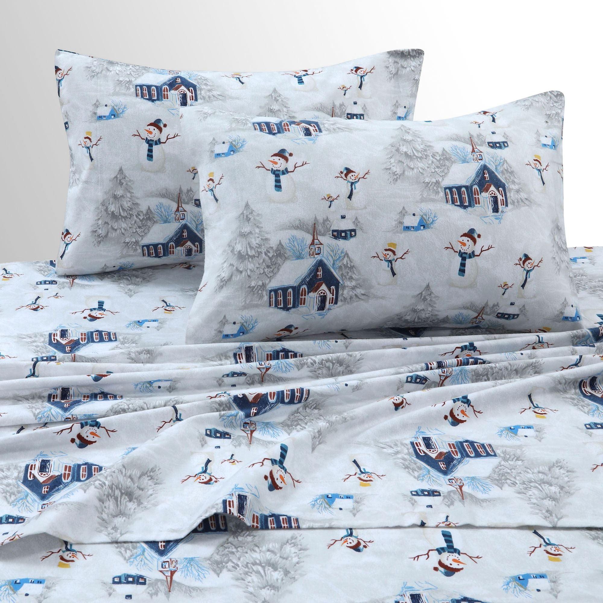 Tribeca Living Printed Cotton Flannel Extra Deep Pocket Sheet Set Queen - Navy/White: Cozy Winter Bedding with Snowmen & Trees