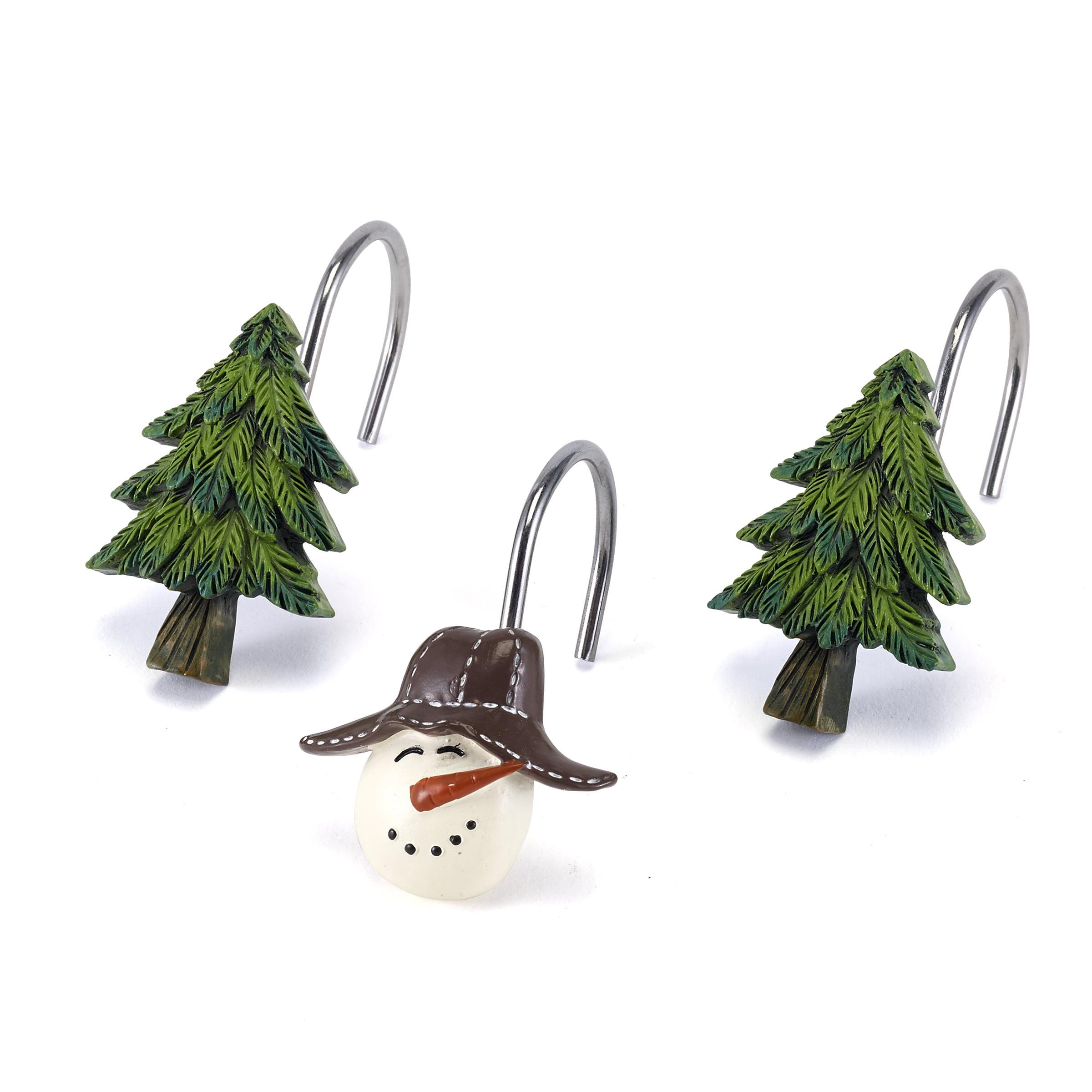 Hand-Painted Resin Snowman and Pine Tree Shower Hooks Set