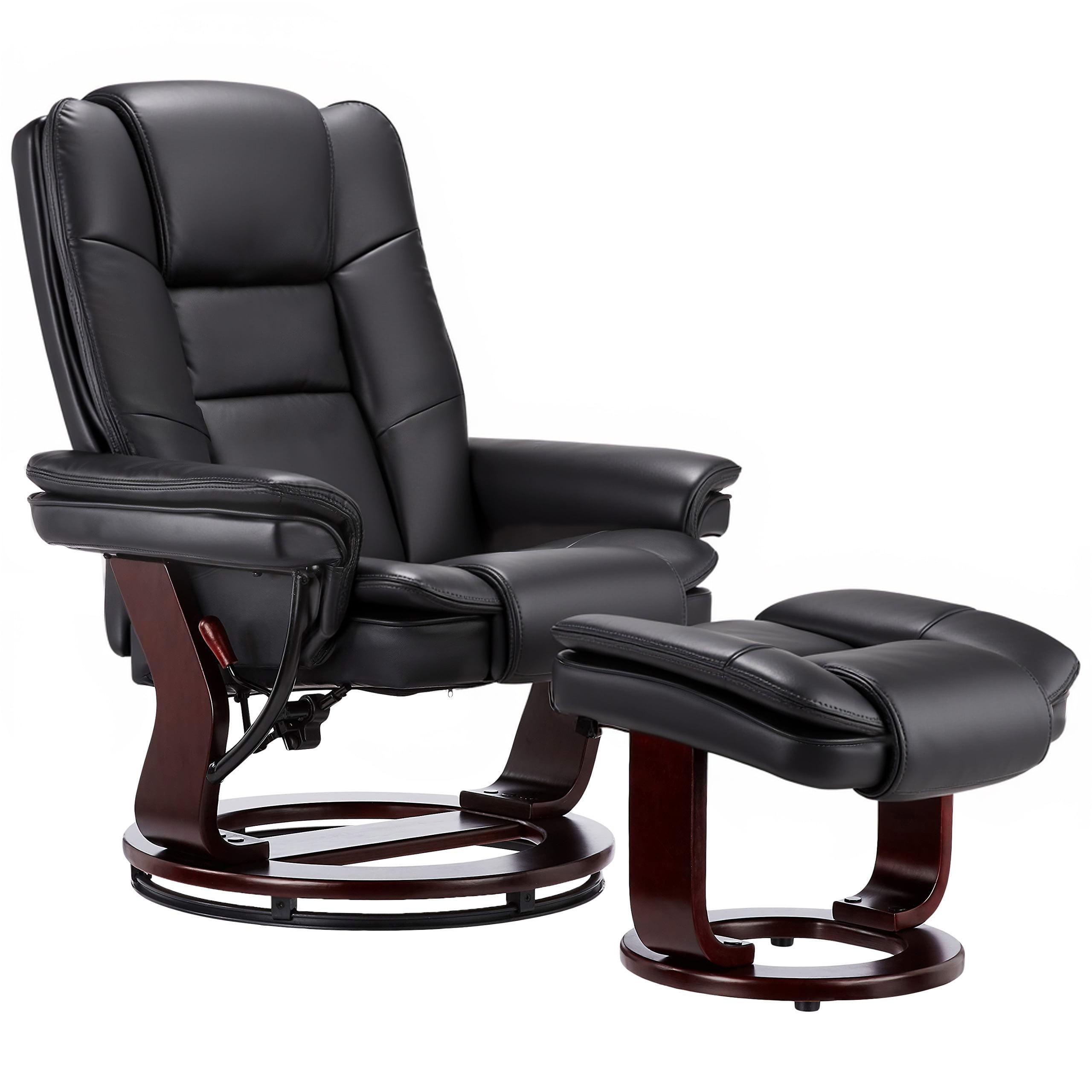 Snugway 32" Contemporary Leather Recliner and Ottoman with Swiveling Mahogany Wood Base