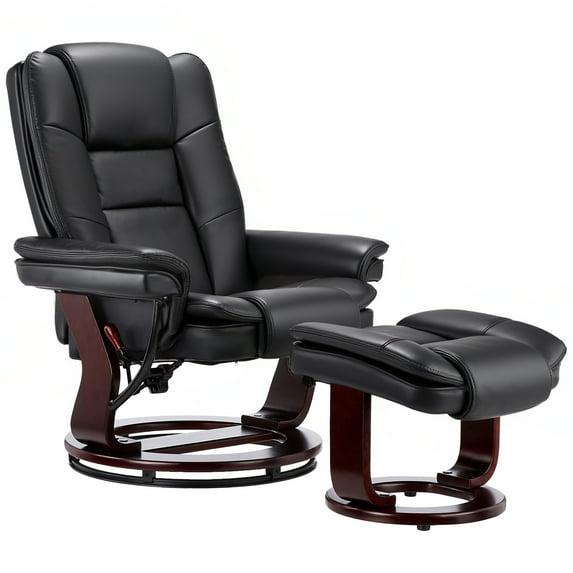 Snugway 32" Contemporary Leather Recliner and Ottoman with Swiveling Mahogany Wood Base