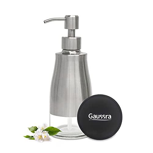 Soap Dispenser with Coaster and Stickers, Brushed Nickel Stainless Steel Case Glass Liner Hand Pump Dispenser, Refillable Liquid Hand Soap Dispenser for Bathroom & Kitchen (11OZ / 320ML)