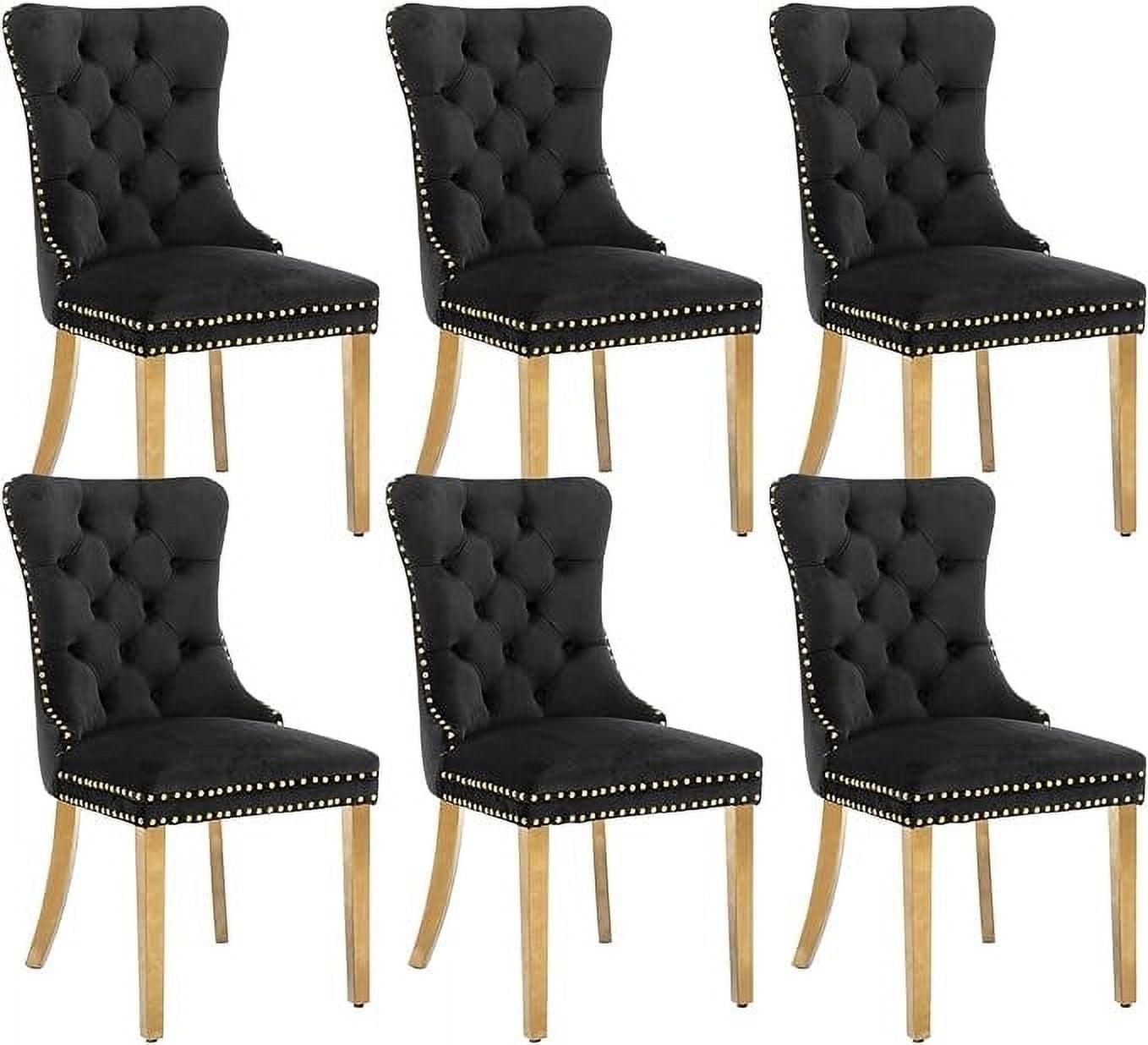 ODUSE-DAILY Black Velvet Dining Chairs Set of 6, Kitchen & Dining Room Chairs, Nailheads Tufted, Sillas De Comedor, Fabric Upholstered, Golden Metal Legs (Black, 6 Pcs)