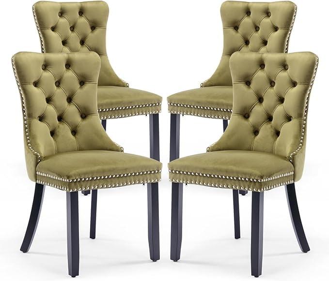 Olive Green Velvet Tufted Dining Chairs with Nailhead Trim, Set of 4