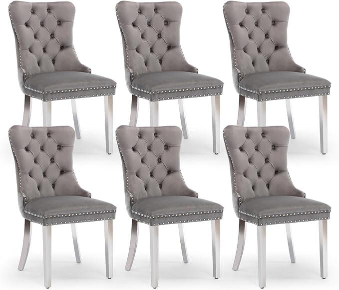 ODUSE-DAILY Grey Velvet Dining Chairs Set of 6, Kitchen & Dining Room Chairs, Sillas De Comedor, Nailheads Tufted, Fabric Upholstered, Solid Wood Frame (Gray, 6 Pcs)