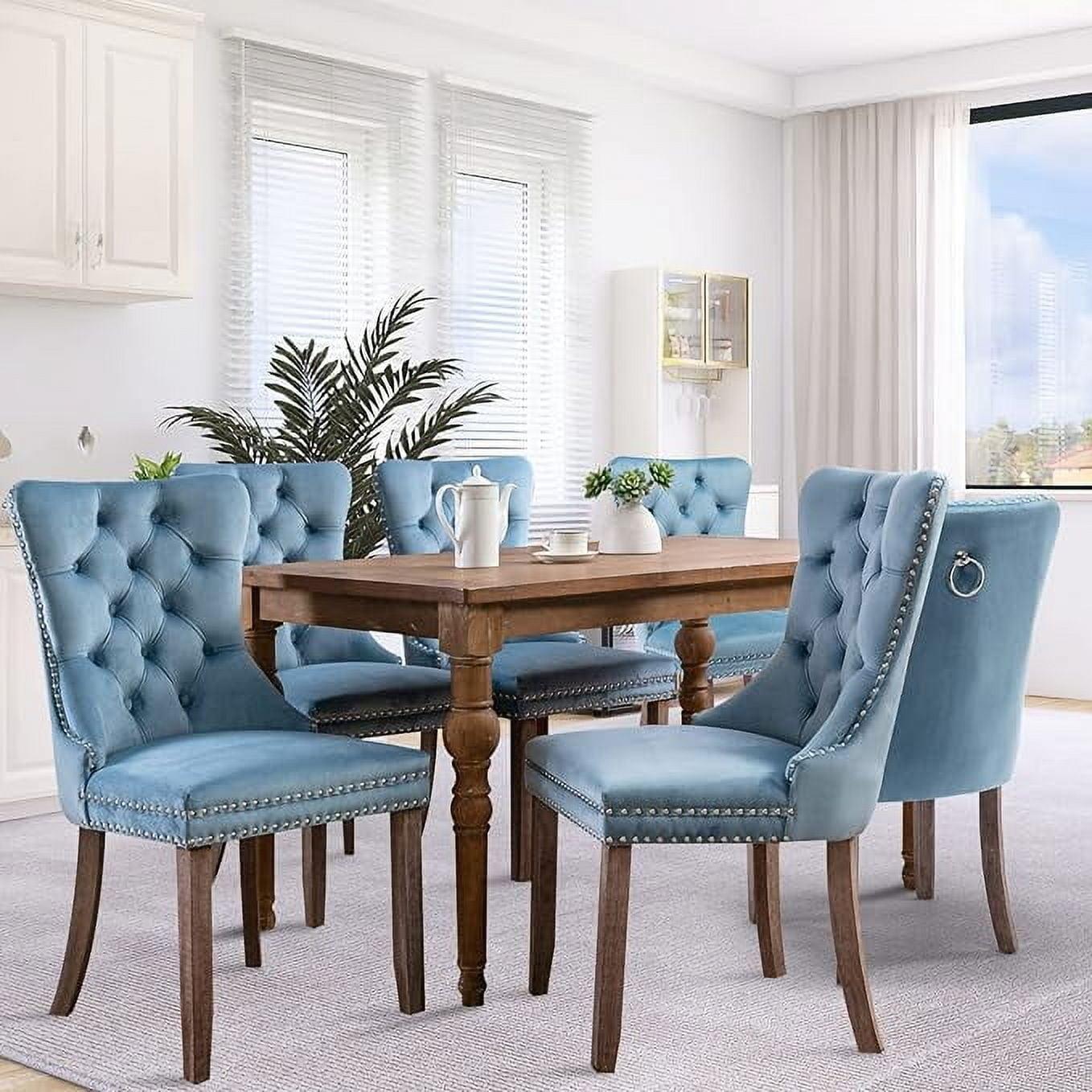 SoarFlash Velvet Dining Chairs Set of 6, Tall Back Side Chair, Modern Upholstered High-end Tufted Side Chair with Button Back Ring, Solid Wood Legs (Sky-Blue)