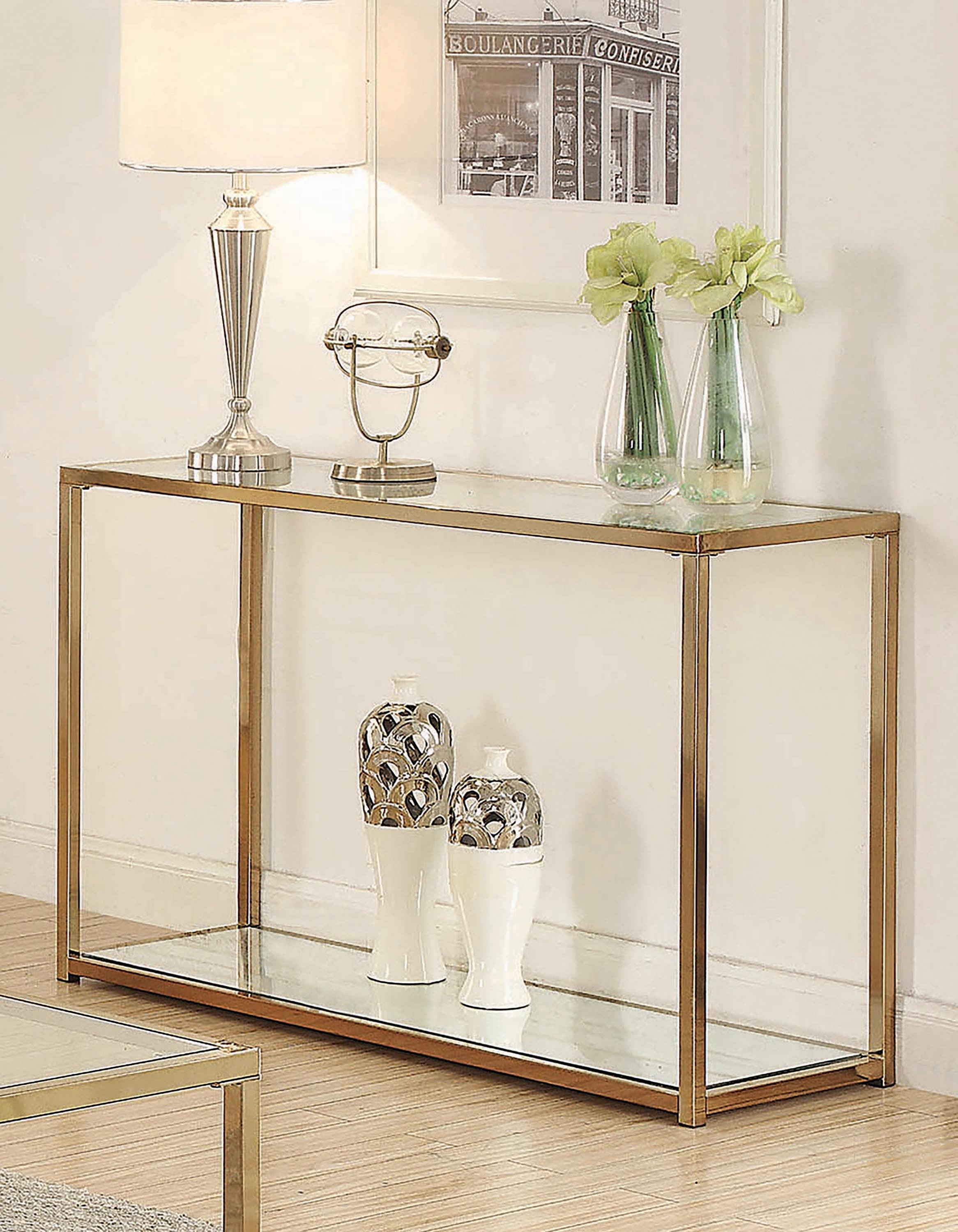 Gold Rectangular Glass and Metal Console Table with Mirrored Storage