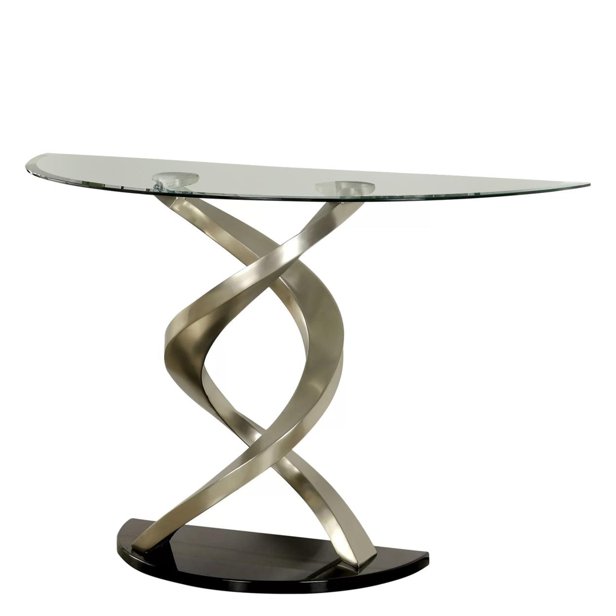 Elegant Silver Twisted Metal and Beveled Glass Demilune Sofa Table