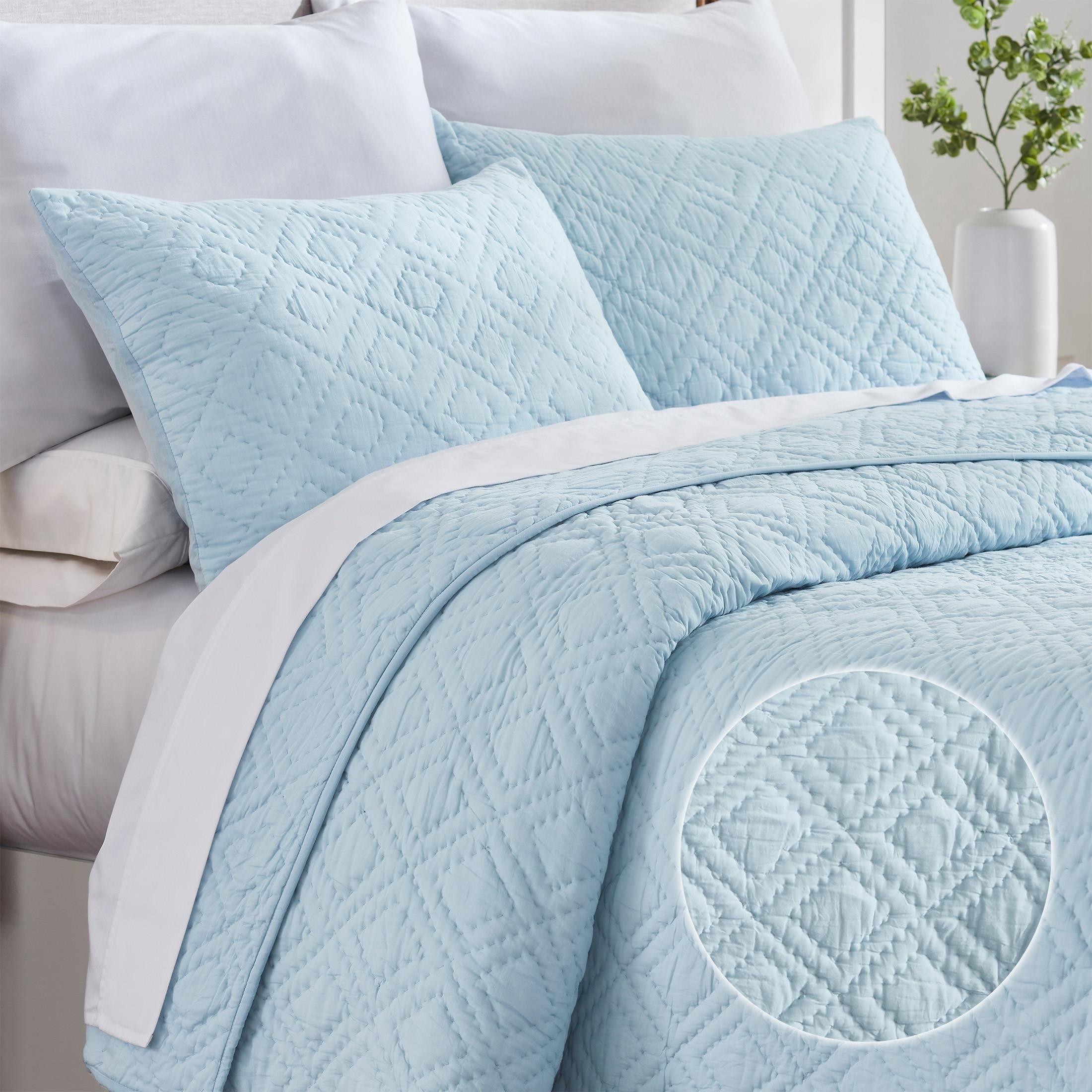 Luxury 100% Cotton Quilt Set, Hand-Quilted, Pre-Softened, Diamond Pattern by California Design Den - Blue, Queen / Full