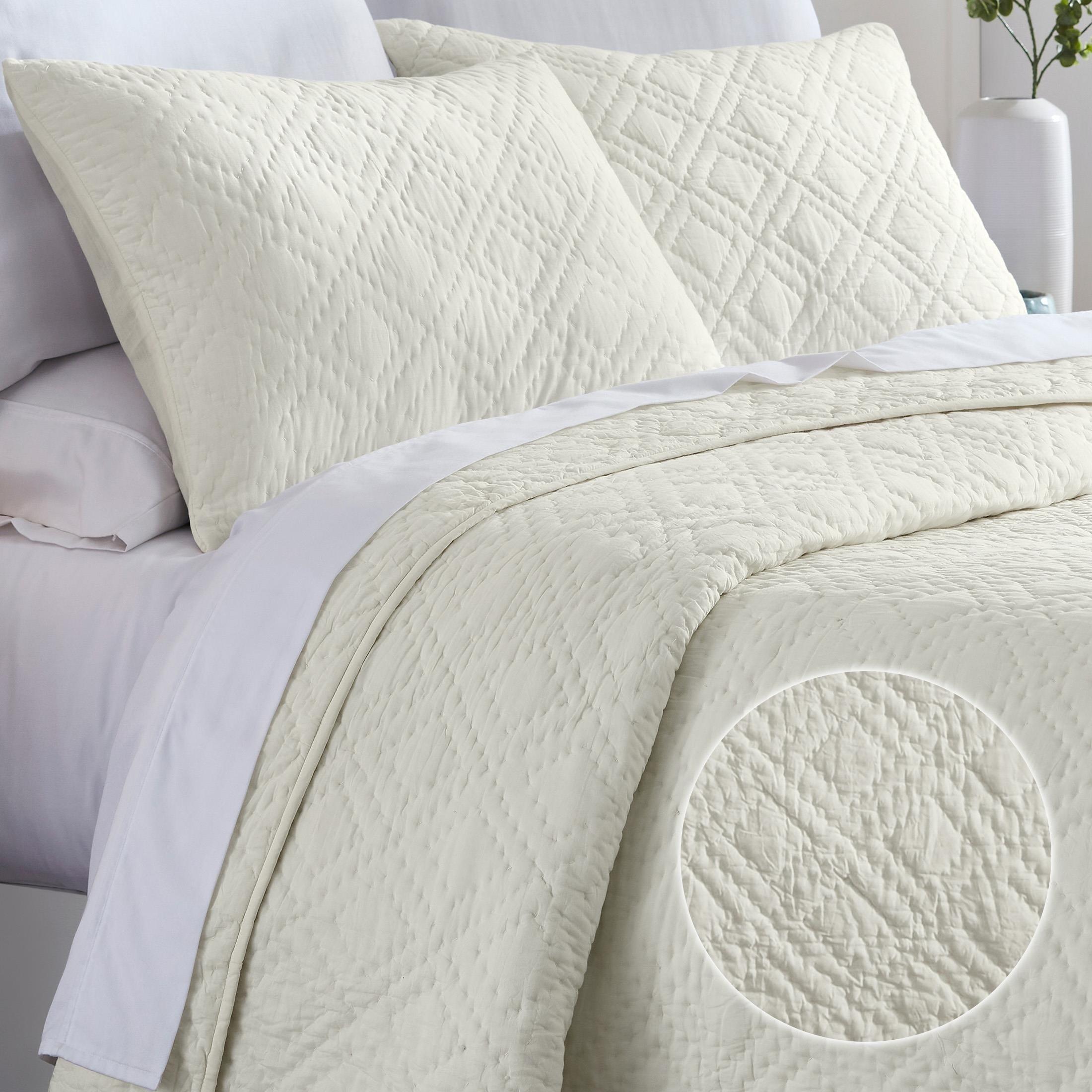 Luxury 100% Cotton Quilt Set, Hand-Quilted, Pre-Softened, Diamond Pattern by California Design Den - Creamy Ivory, King