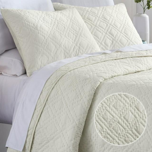 Luxury 100% Cotton Quilt Set, Hand-Quilted, Pre-Softened, Diamond Pattern by California Design Den - Creamy Ivory, King
