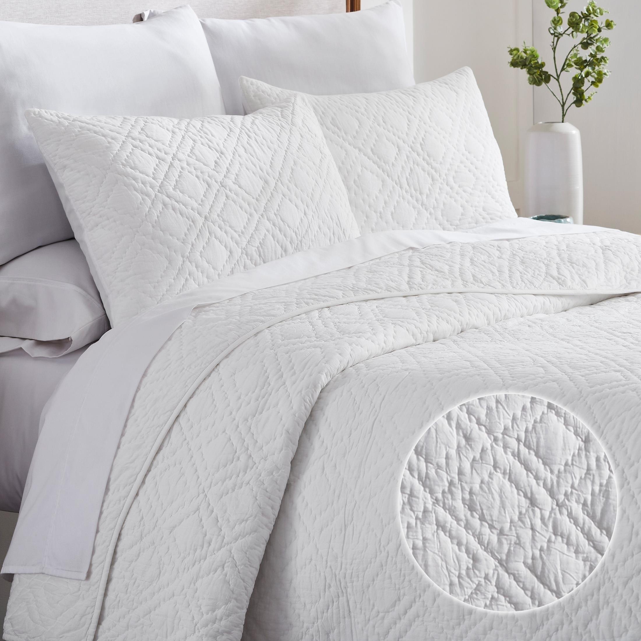 Luxury 100% Cotton Quilt Set, Hand-Quilted, Pre-Softened, Diamond Pattern by California Design Den - White, King