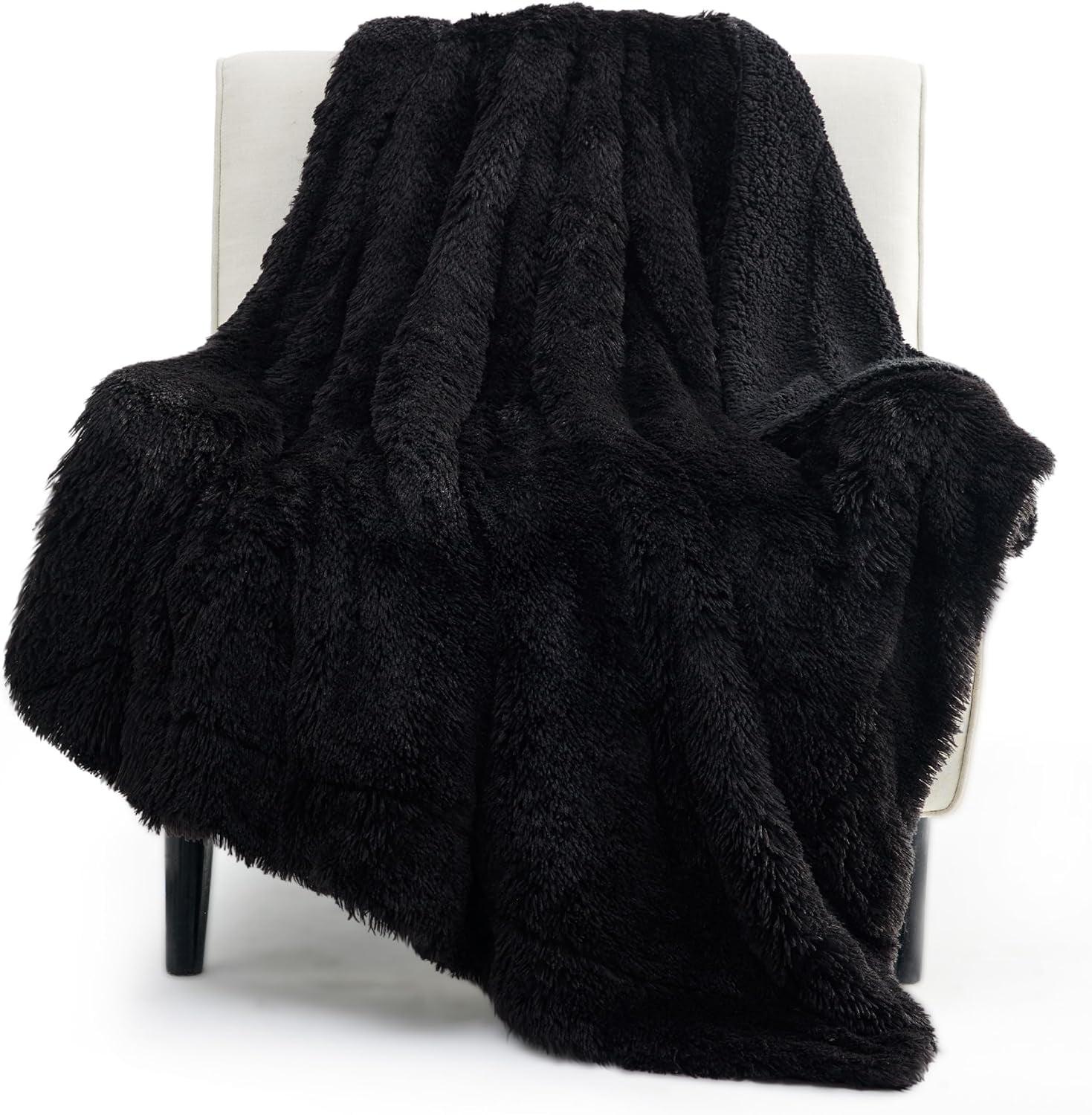 Soft Black Throw Blanket for Couch, Fluffy Fuzzy Blankets & Throws for Bed, Sofa, Cozy Plush Sherpa Fleece Faux Fur Blanket, Thick Warm Christmas Blanket Gifts for Women, Men, 50x60