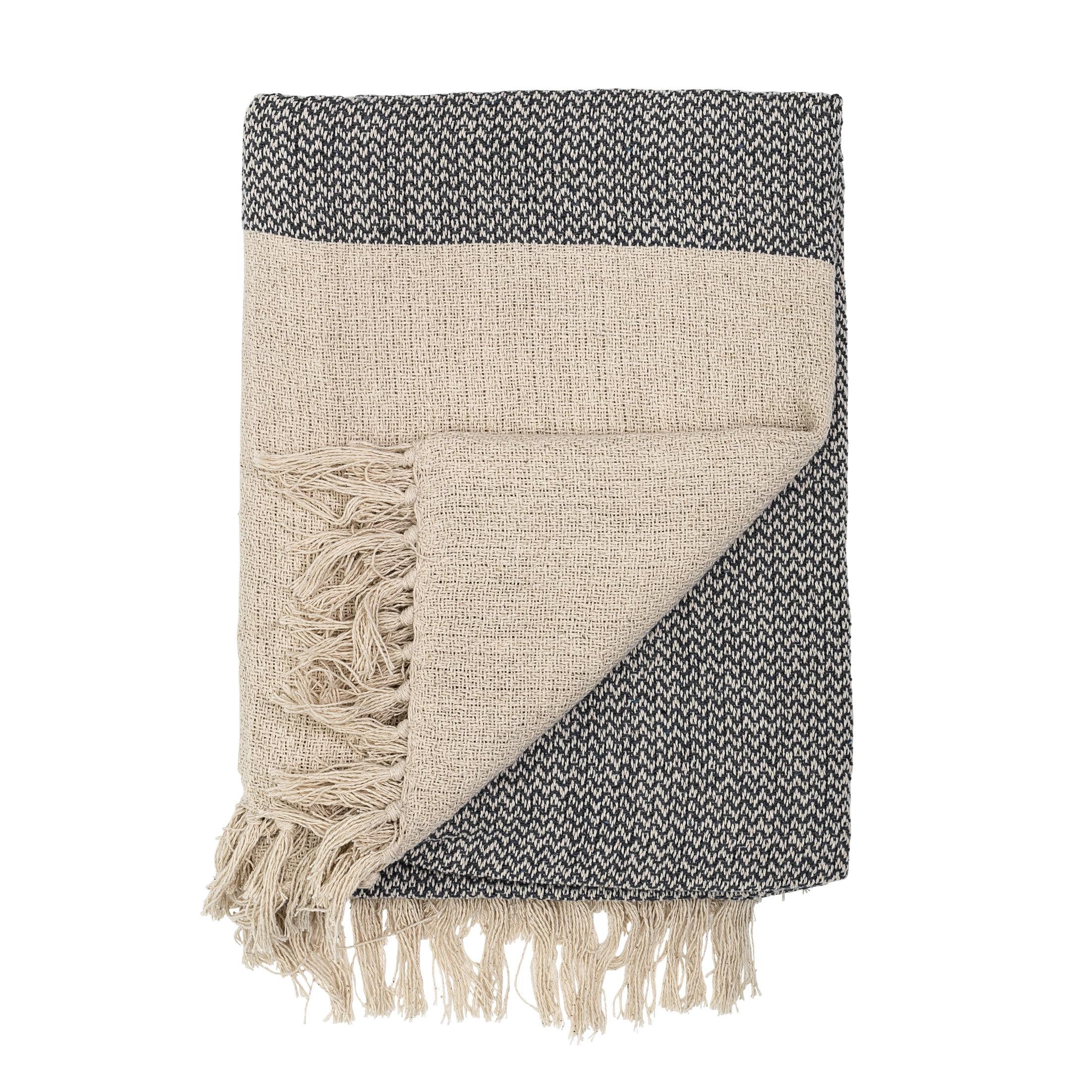 Soft Cotton Blend Knit Throw with Fringe, Grey and Cream