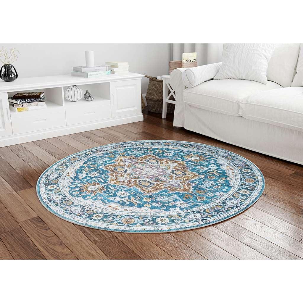 Blue 5' Round Cotton and Synthetic Washable Rug