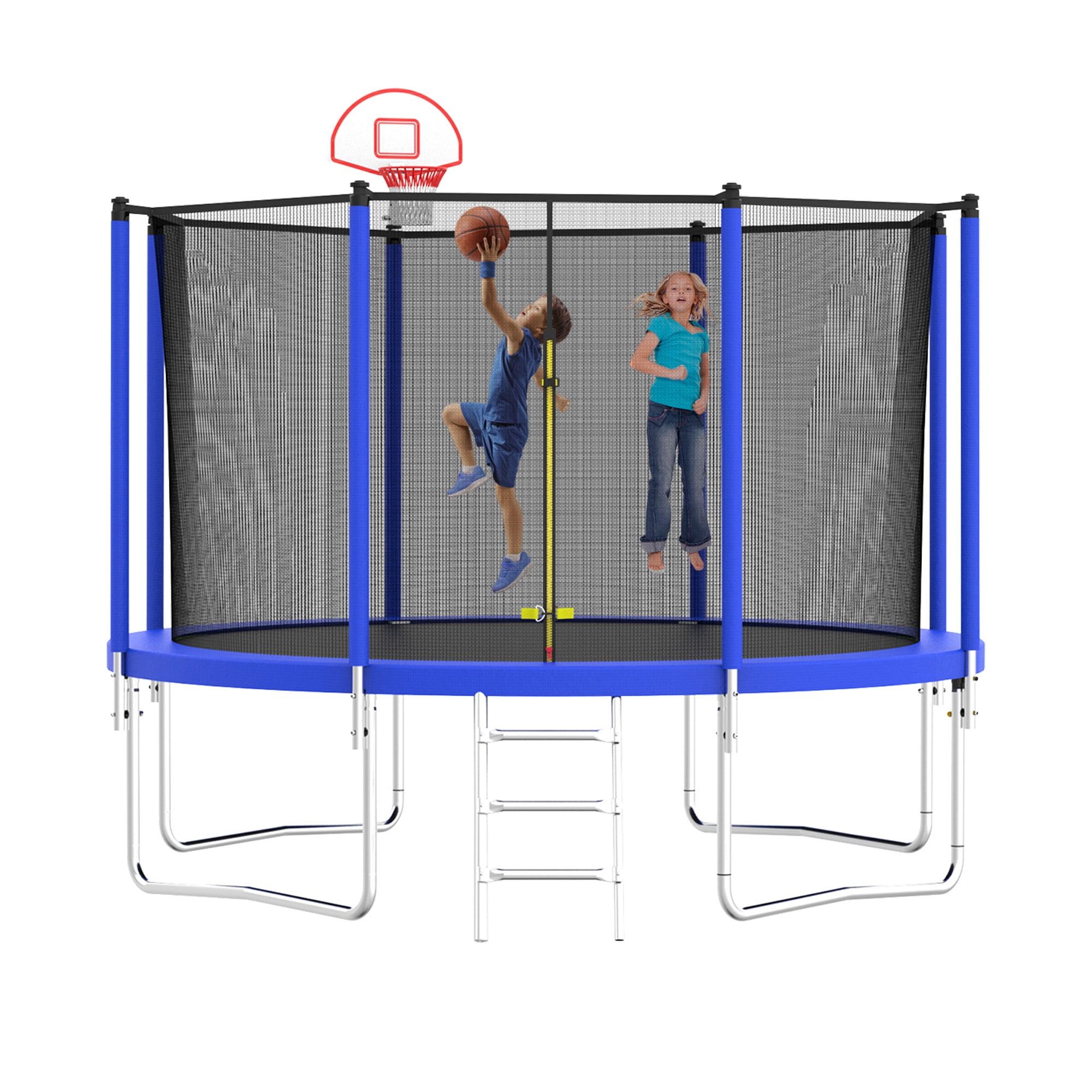 Soges 12FT Trampoline with Safety Enclosure Net, Basketball Hoop and Ladder, Outdoor Trampoline for 3-4 Kids, 880LBS Capacity, Blue