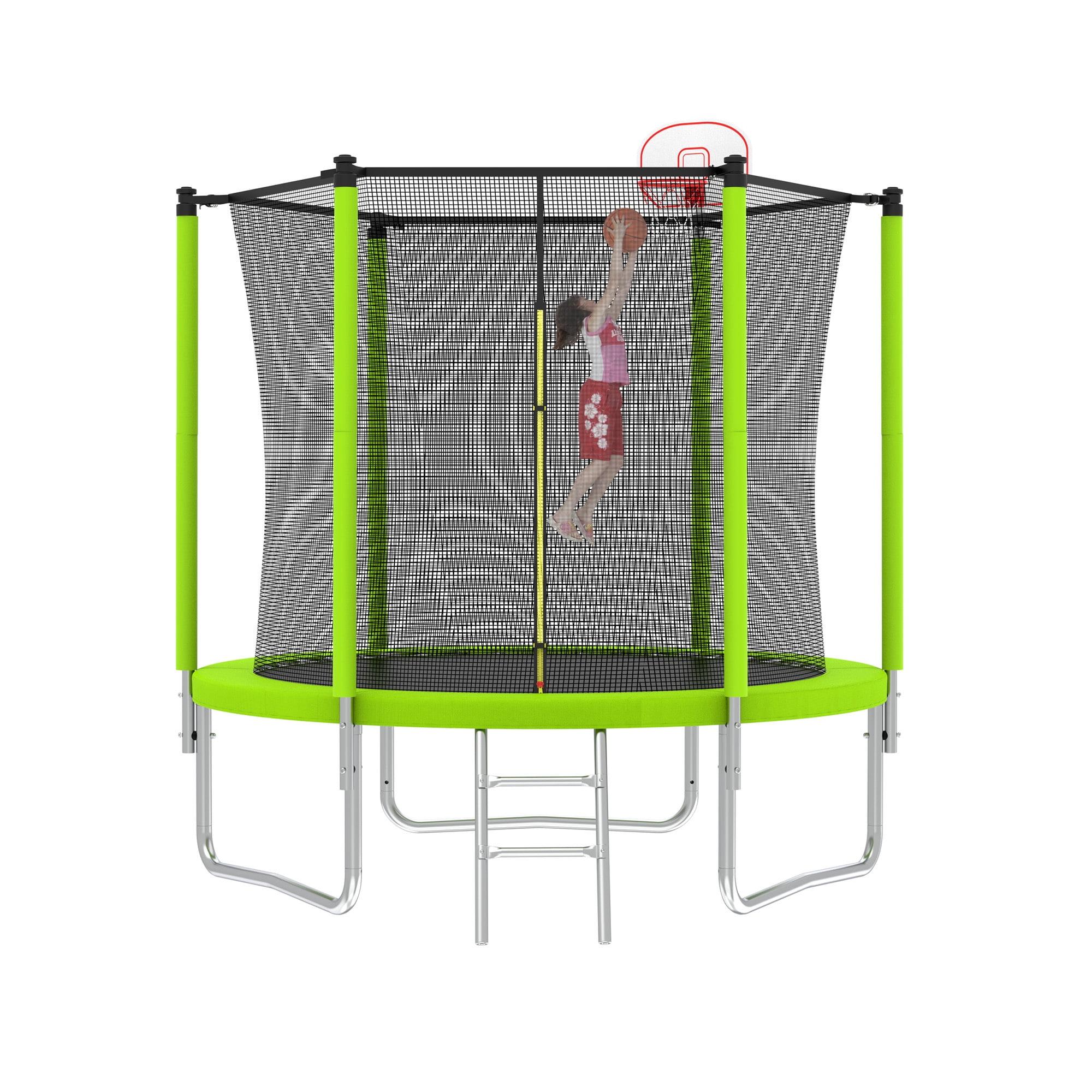 Green 8-Foot Trampoline with Safety Enclosure and Basketball Hoop