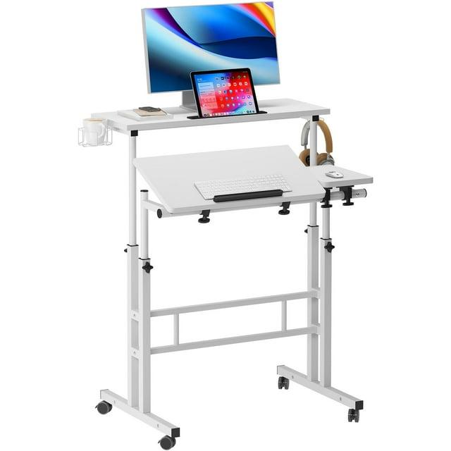 QuellQuest Adjustable Laptop Desk with Wheels Home Office Workstation Rolling White Table Laptop Cart for Standing or Sitting