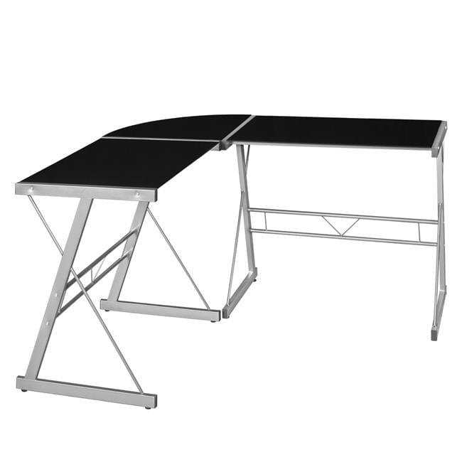 Black Tempered Glass L-Shaped Computer Desk with Steel Frame