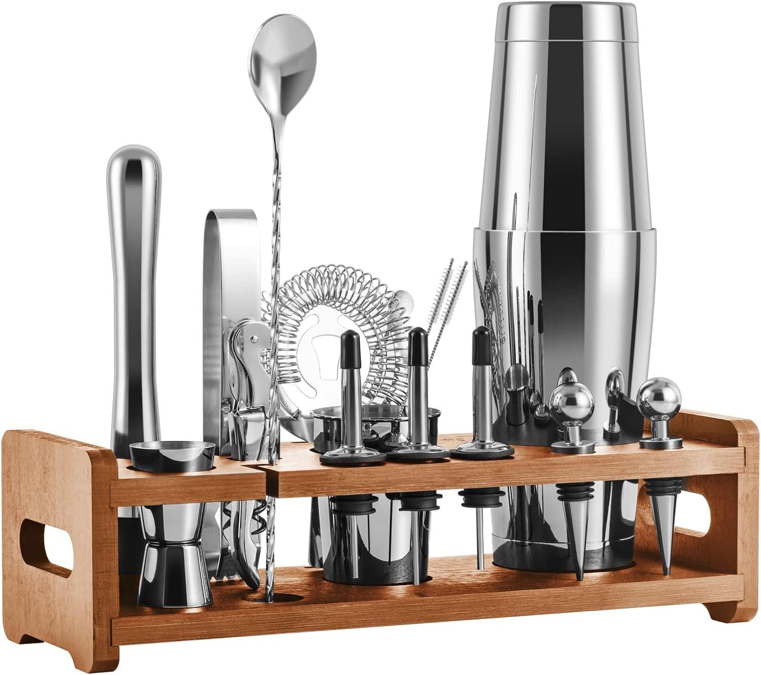 24-Piece Silver Stainless Steel Cocktail Shaker Set with Wooden Stand