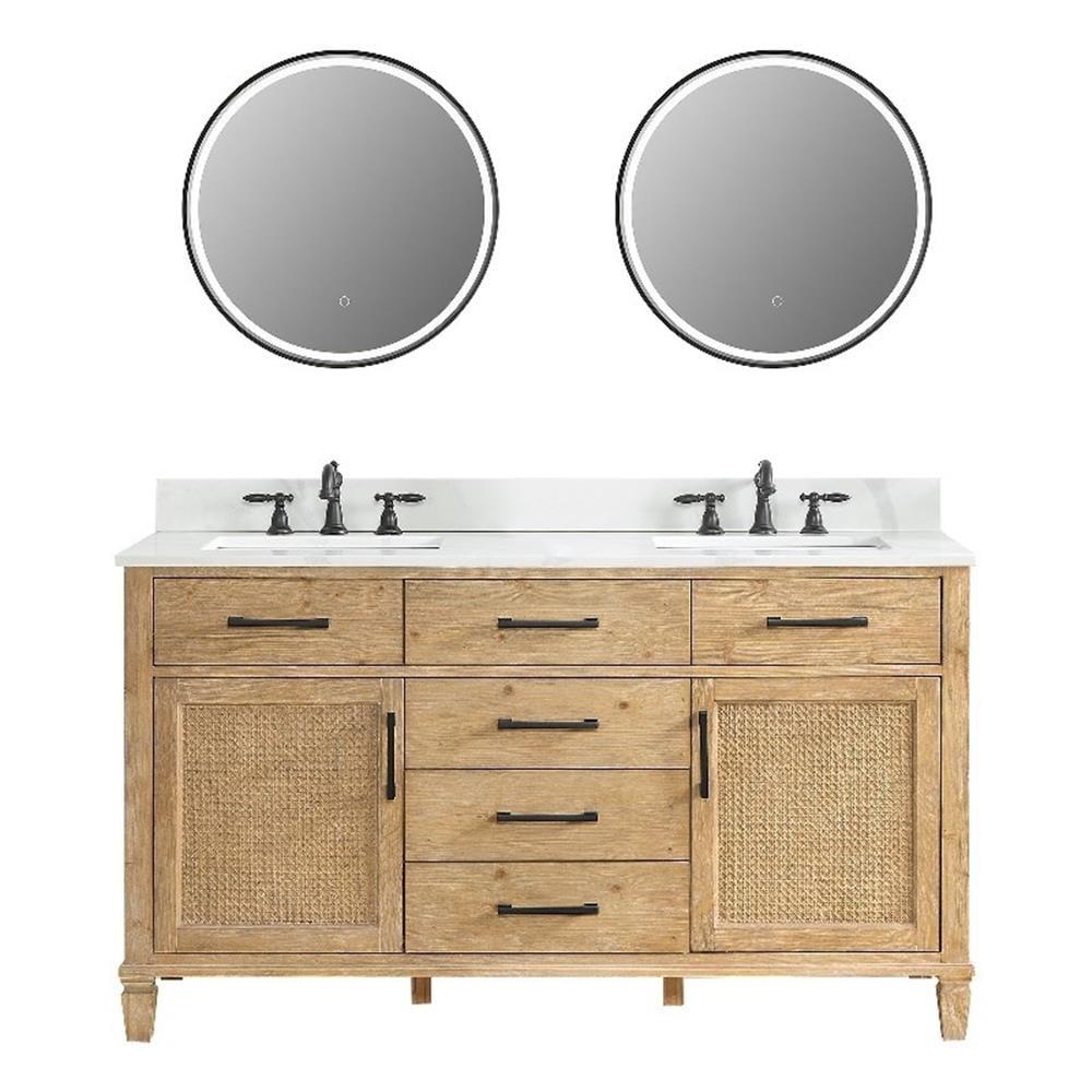 Solana 60" Weathered Fir Double Sink Vanity with White Quartz Top and Mirrors