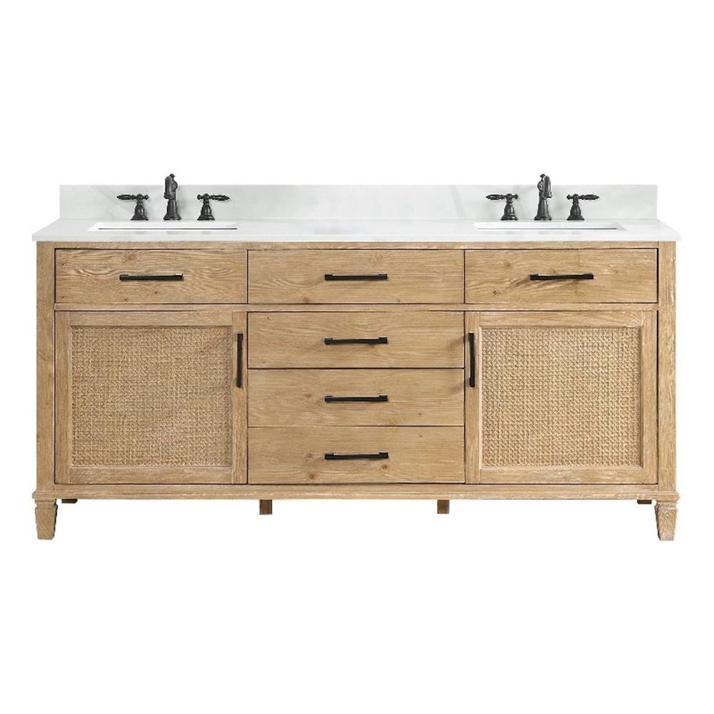 Solana 72" Wood Vanity in Weathered Fir Calacatta White Quartz Top no Mirror