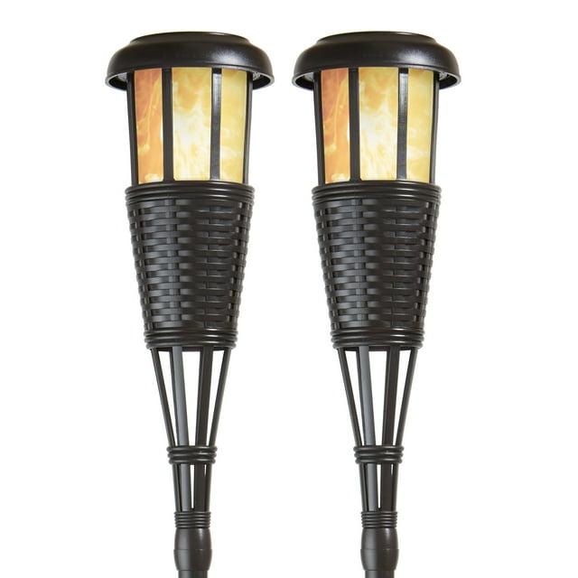 Solar Flickering LED Island Torches, Dusk-to-Dawn Dancing Flame Outdoor Landscape Lighting, Black, 2-Pack