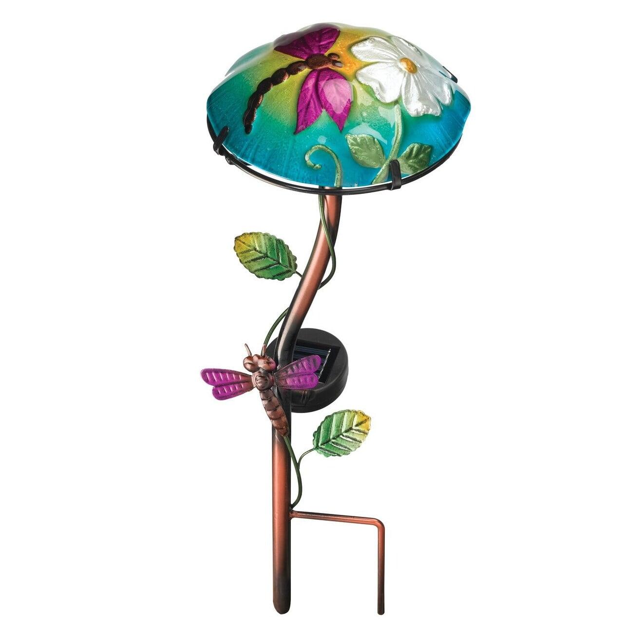 Colorful Glass Solar Mushroom Stake with Dragonfly Design