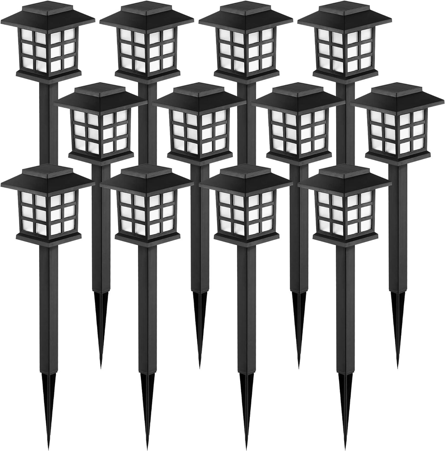 12-Pack Black LED Solar Pathway Lights with Plastic Shade