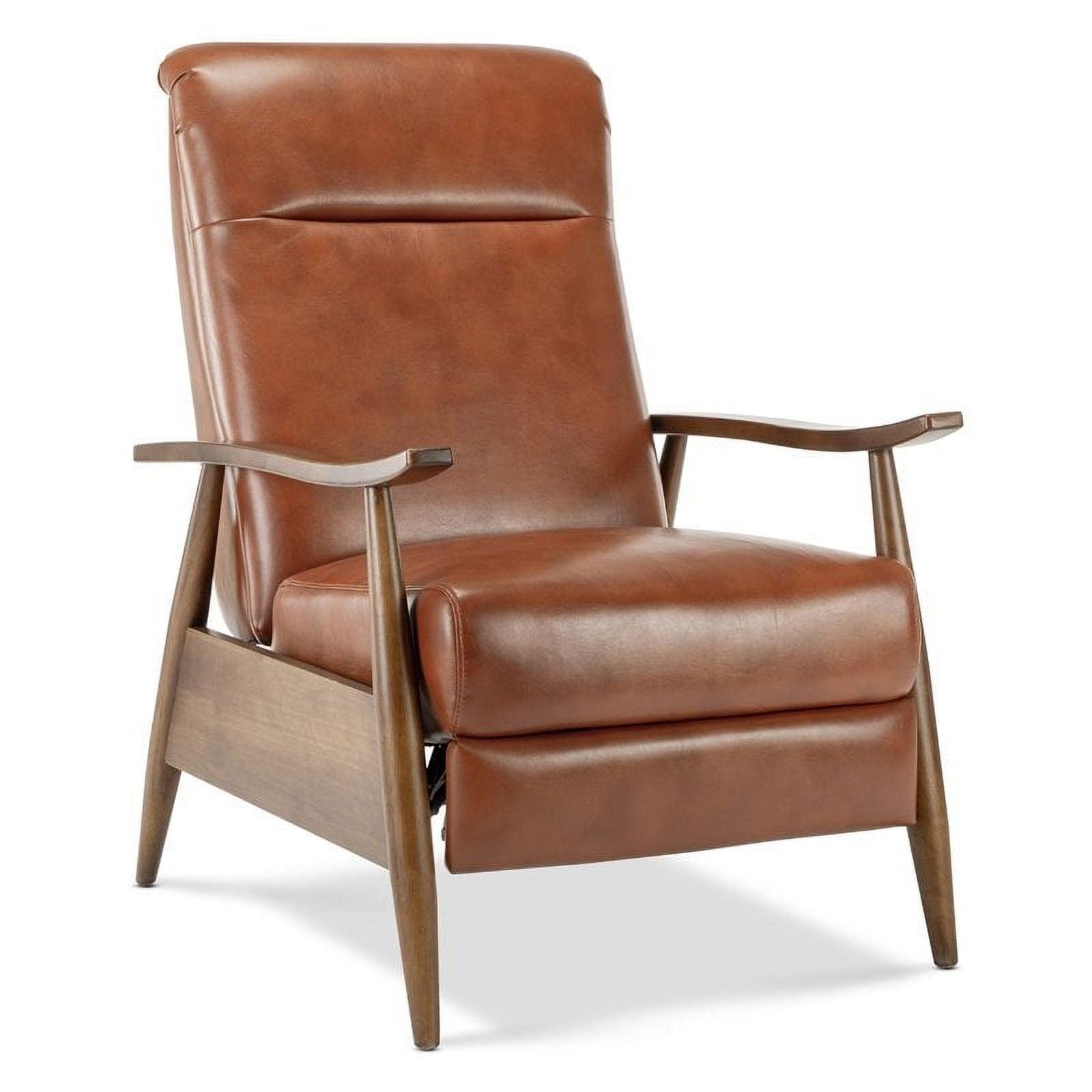 Caramel Mid-Century Modern Faux Leather Recliner with Wooden Arms