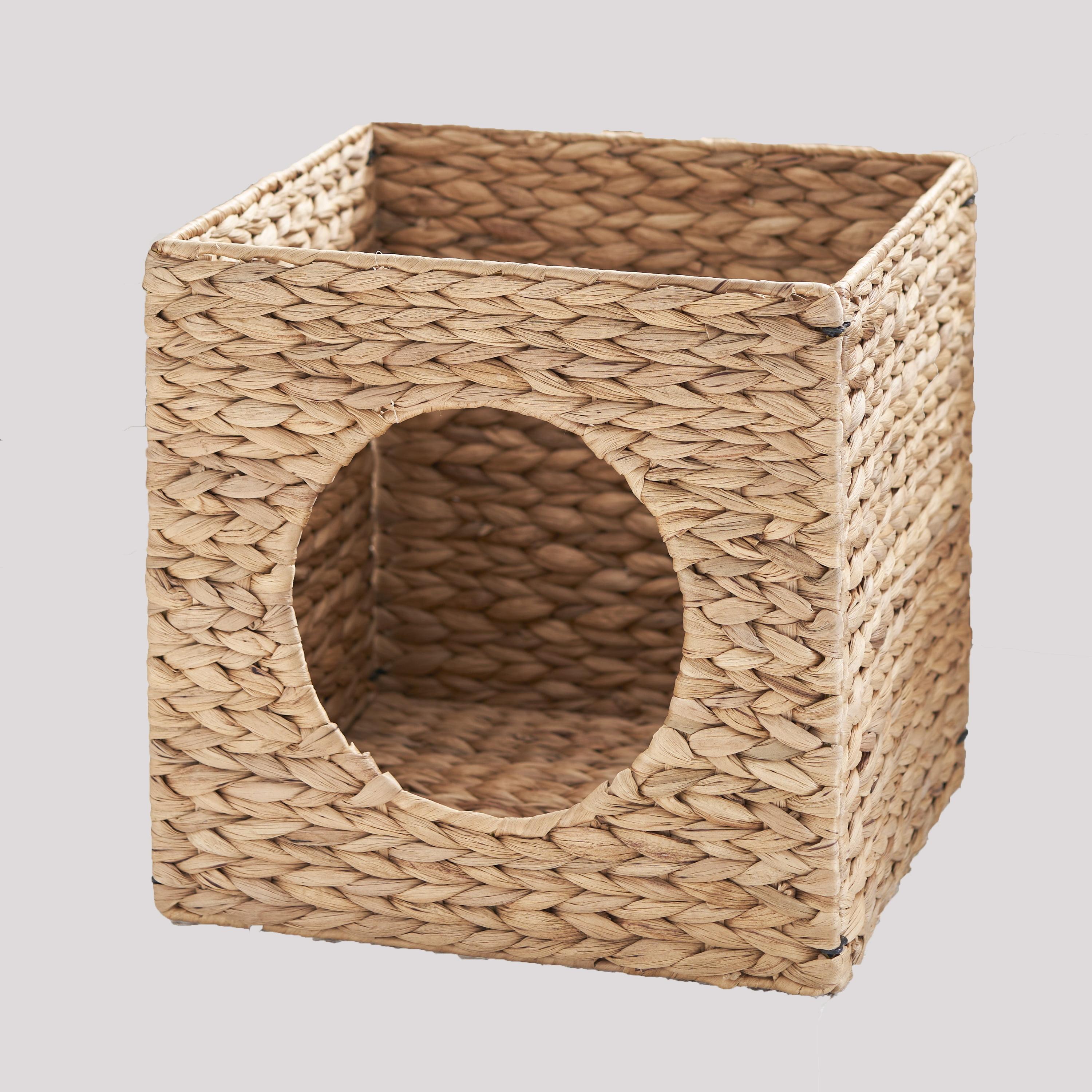 Natural Brown Water Hyacinth Wicker Square Cat Bed Cave