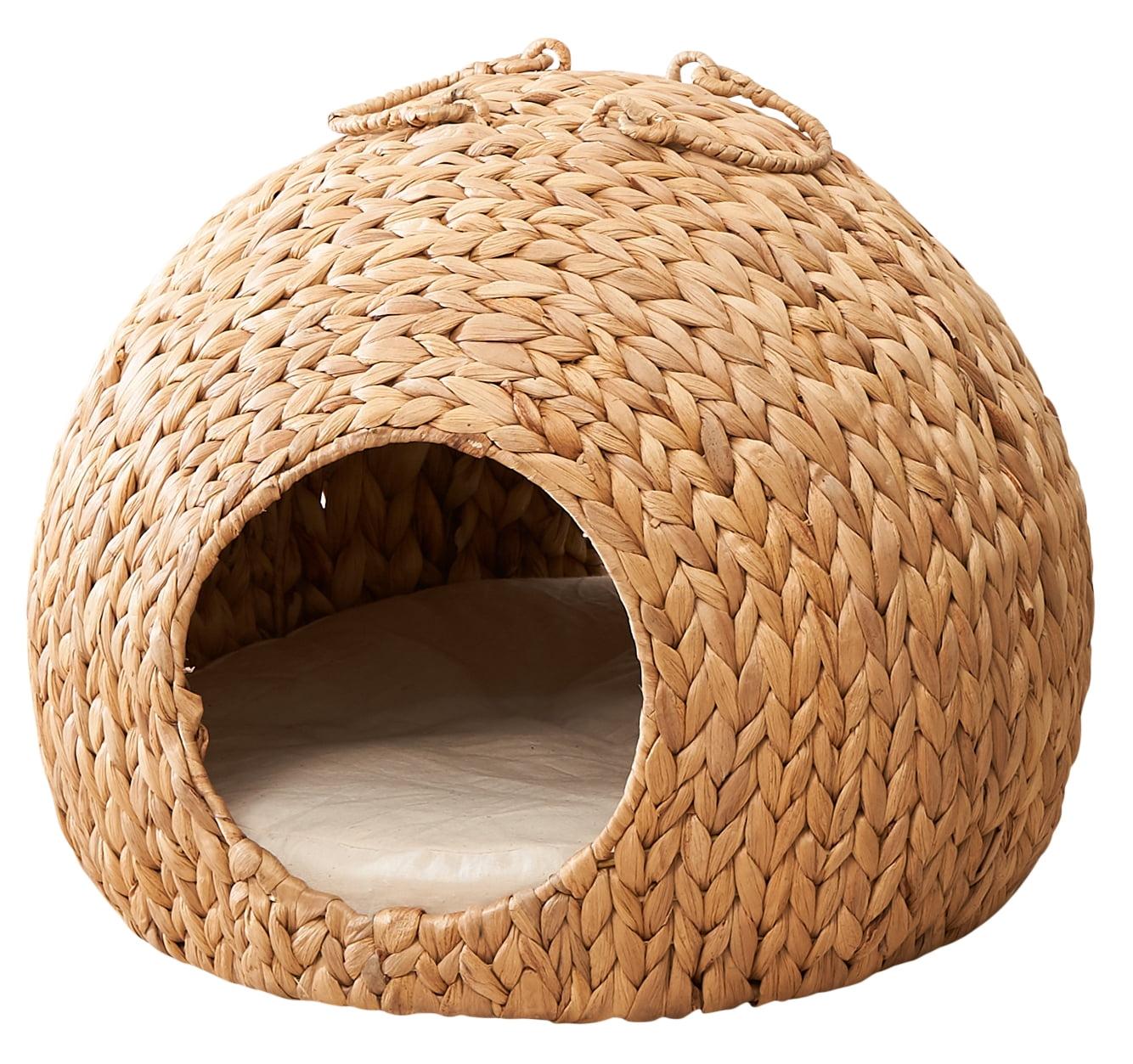 Solhome Gertrude Water Hyacinth Wicker 18" x 18" Cat Bed Cave with Handles for Any Size Cat Breeds, Chihuahua and Use with Cat Tower